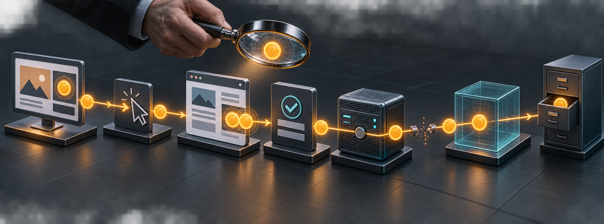 A glowing event token travels from a generic online ad through a website and measurement checkpoints to a customer record, with duplicate and broken signals highlighted for inspection.