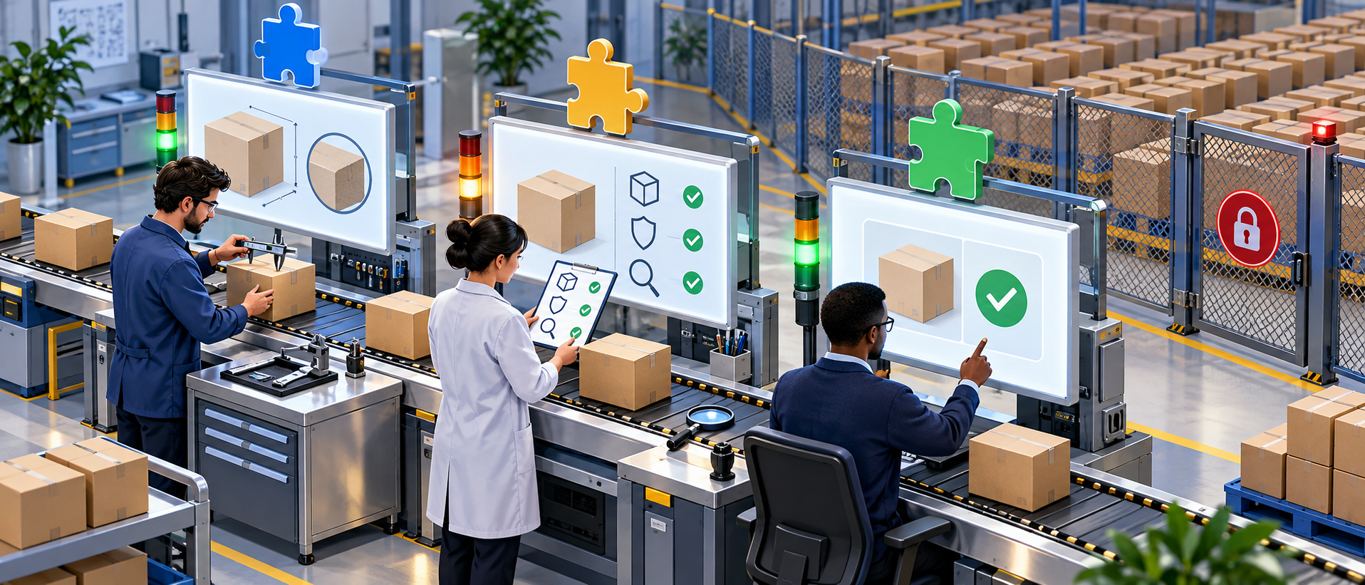 A small pilot group of products passes through specification, compliance, and feed-review stations while additional products wait behind a gate.