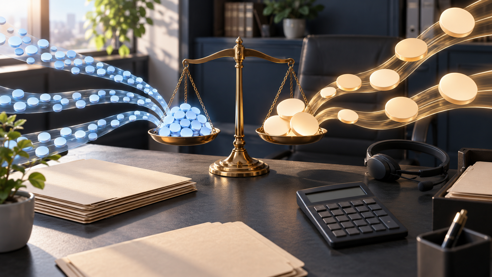 Law office intake desk with a brass scale, calculator, case folders, headset, and several streams of tokens representing different lead sources.