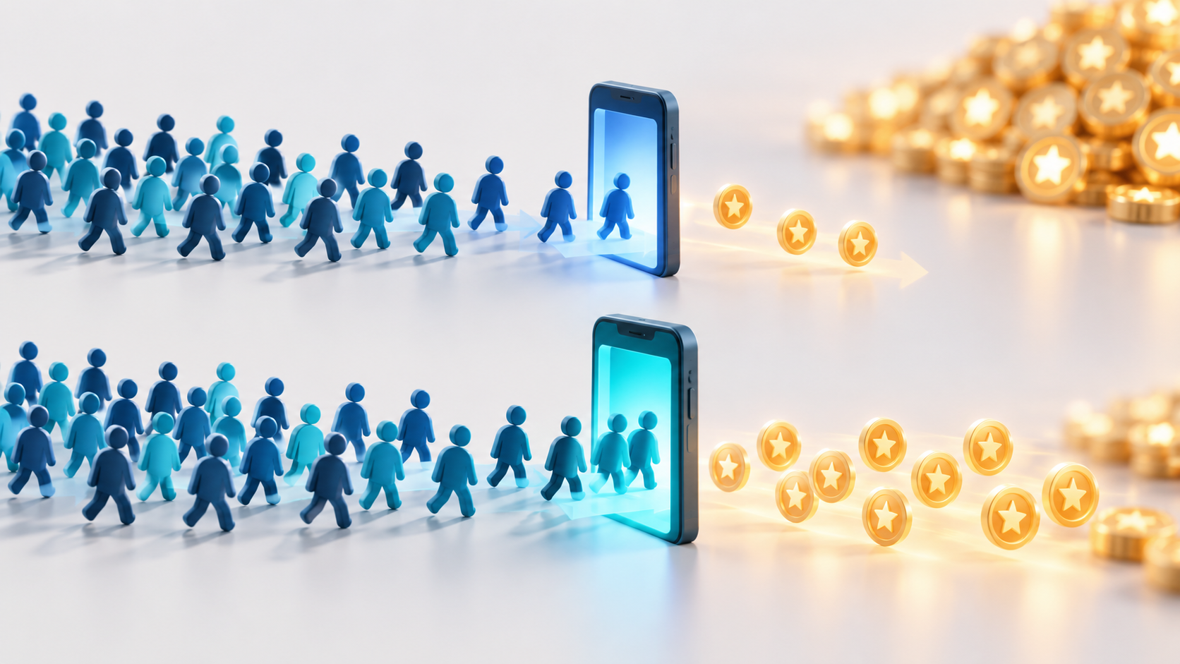 Two equal streams of abstract mobile users pass through app gateways, with a larger share completing the second path while a token pile is de-emphasized nearby.