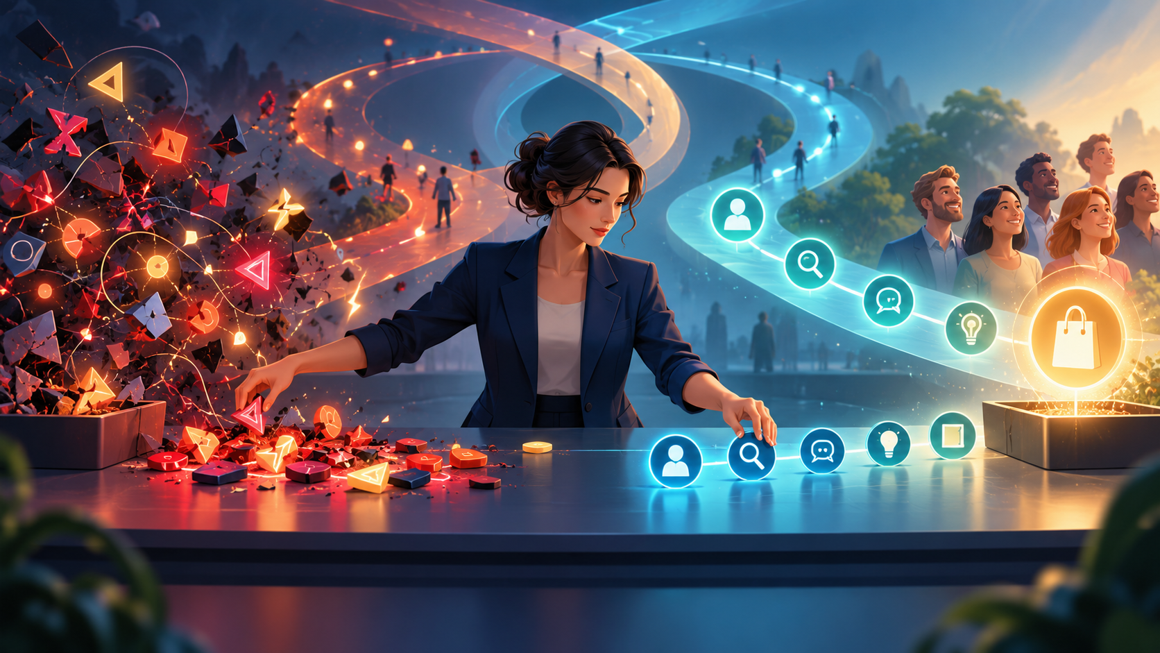 A marketing strategist sorts unstable data signals from a clear stream of customer actions while two search pathways converge in the background.