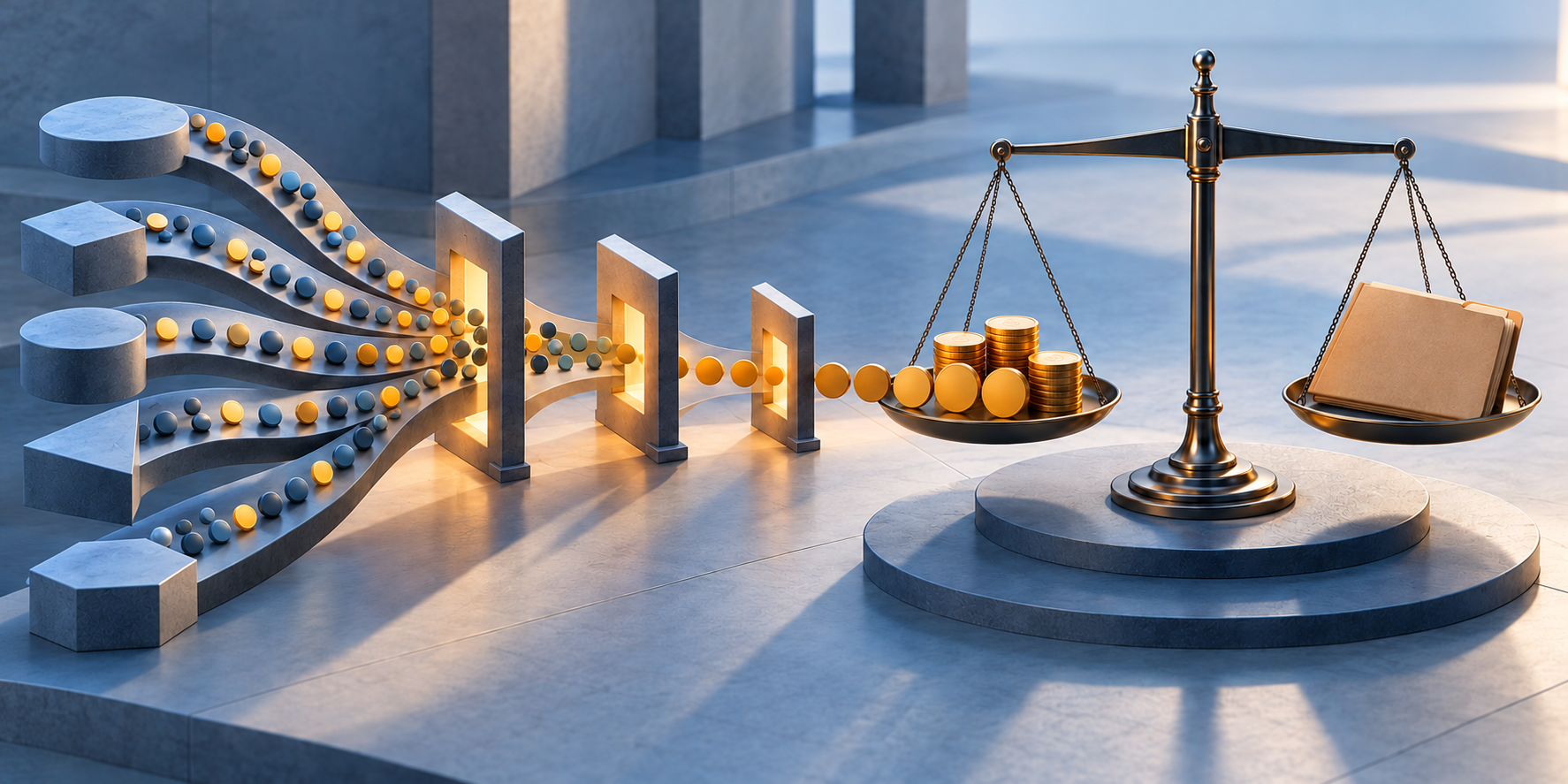 Balanced scale and a sequence of coins and case tokens leading backward from a closed legal case folder through several assessment gates.