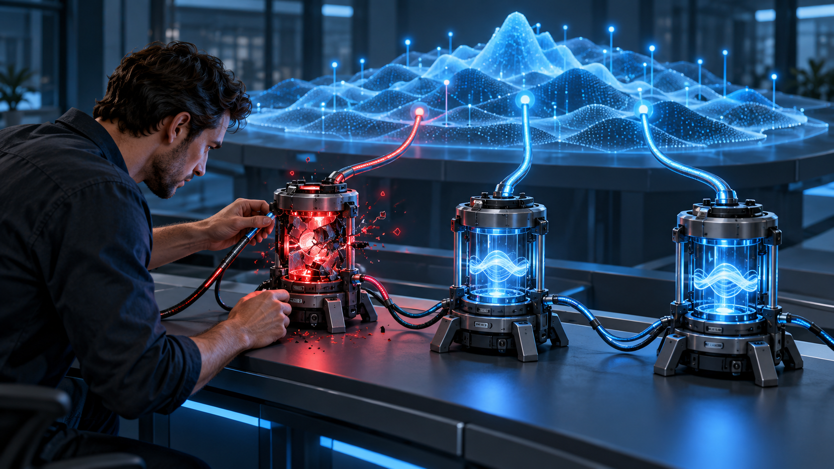 An analyst examines three search measurement instruments, one of which is producing erratic red signals while the other two remain stable.