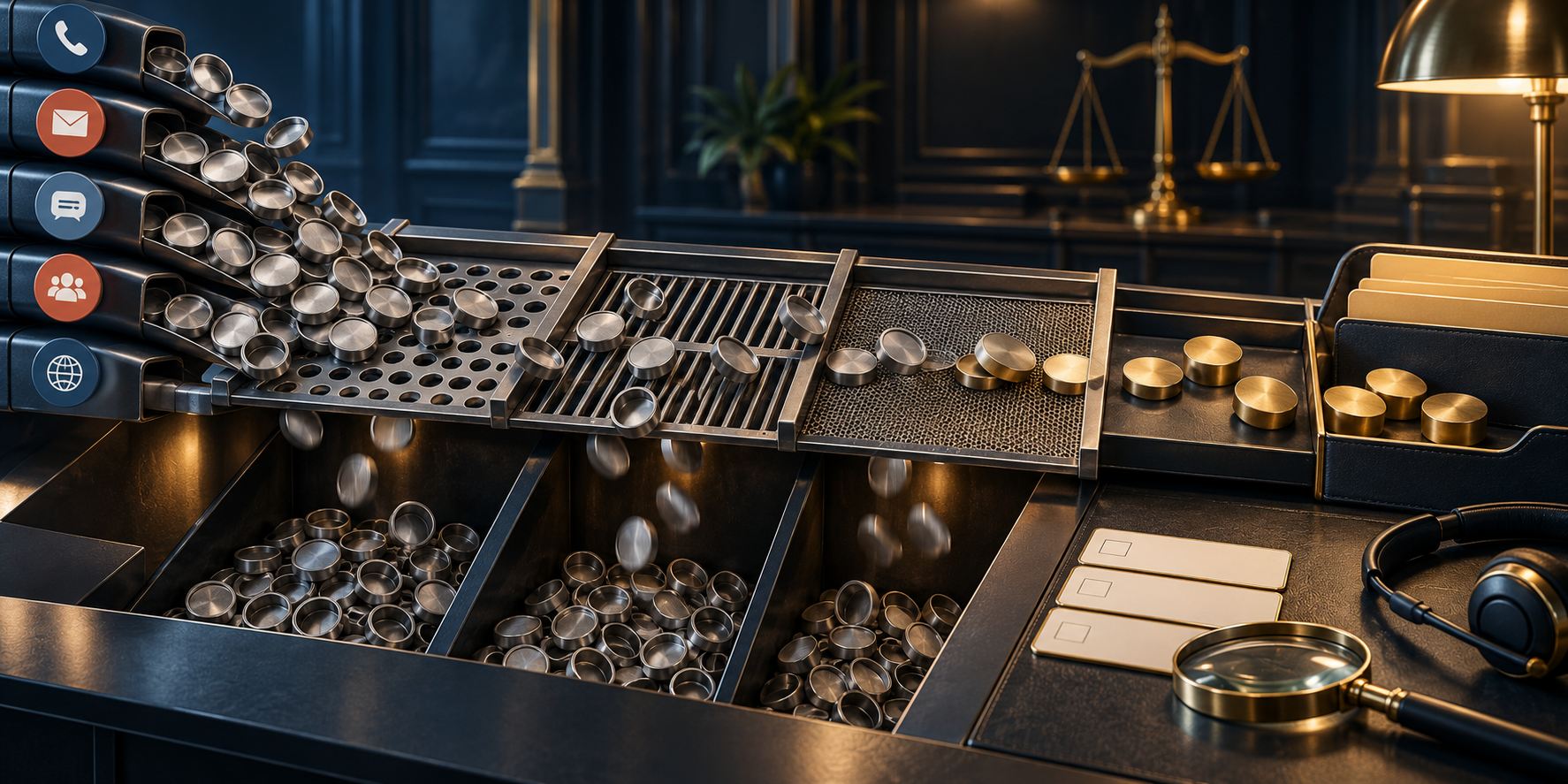 Lead tokens moving through inspection filters, with many falling through hidden gaps and a smaller group reaching a legal case-folder tray.