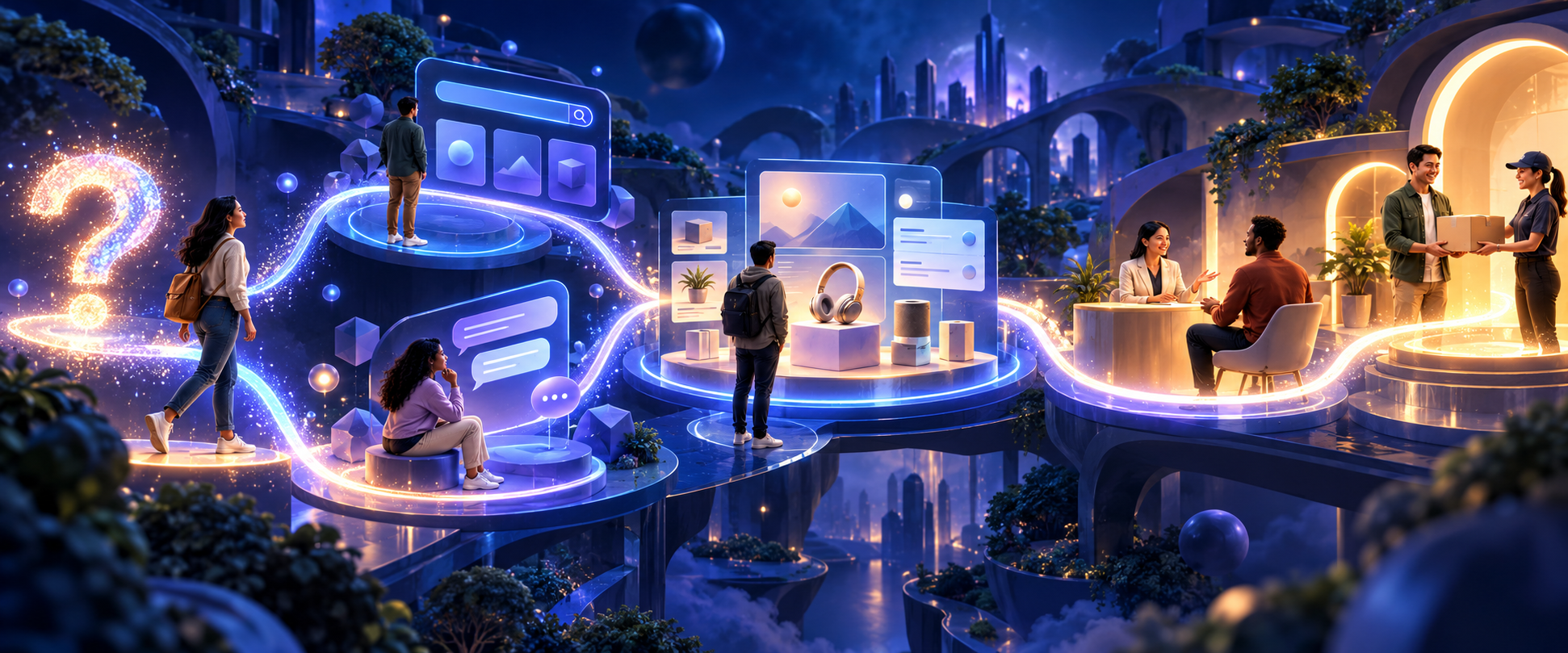 A customer follows one continuous path through conventional search and an AI-style discovery interface to factual content, a consultation, and a purchase.
