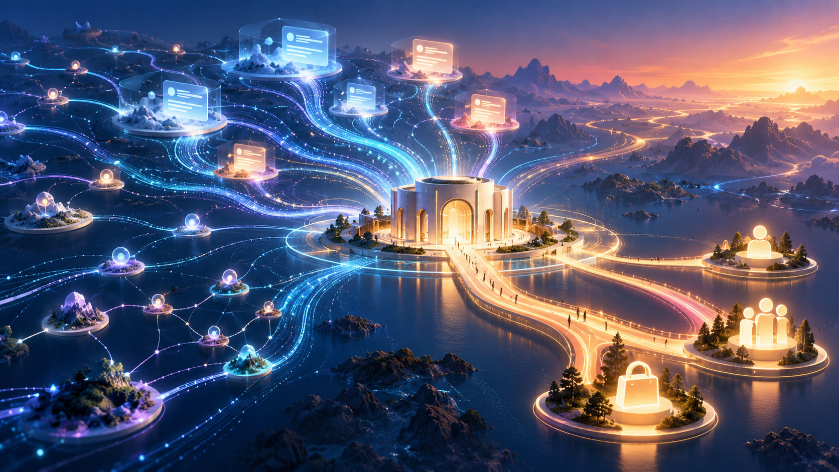 Abstract luminous pathways split between answer panels and a central website, while focused routes continue toward customer actions.