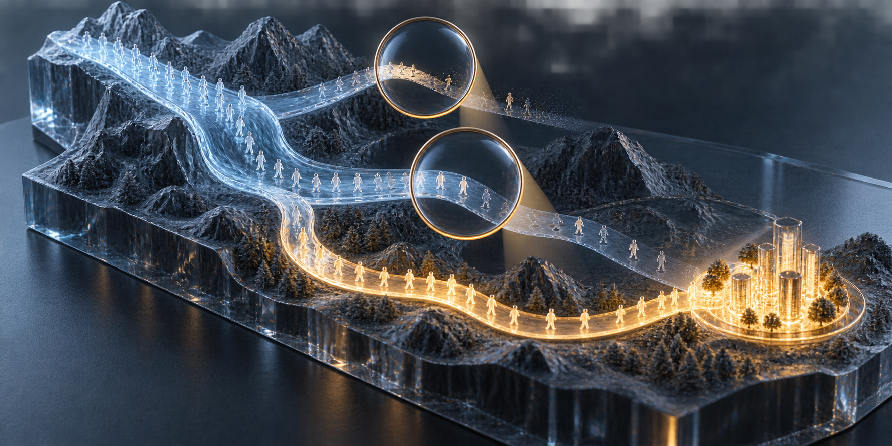 A transparent terrain model shows separate discovery channels narrowing at different points while one focused route reaches a lit business hub.