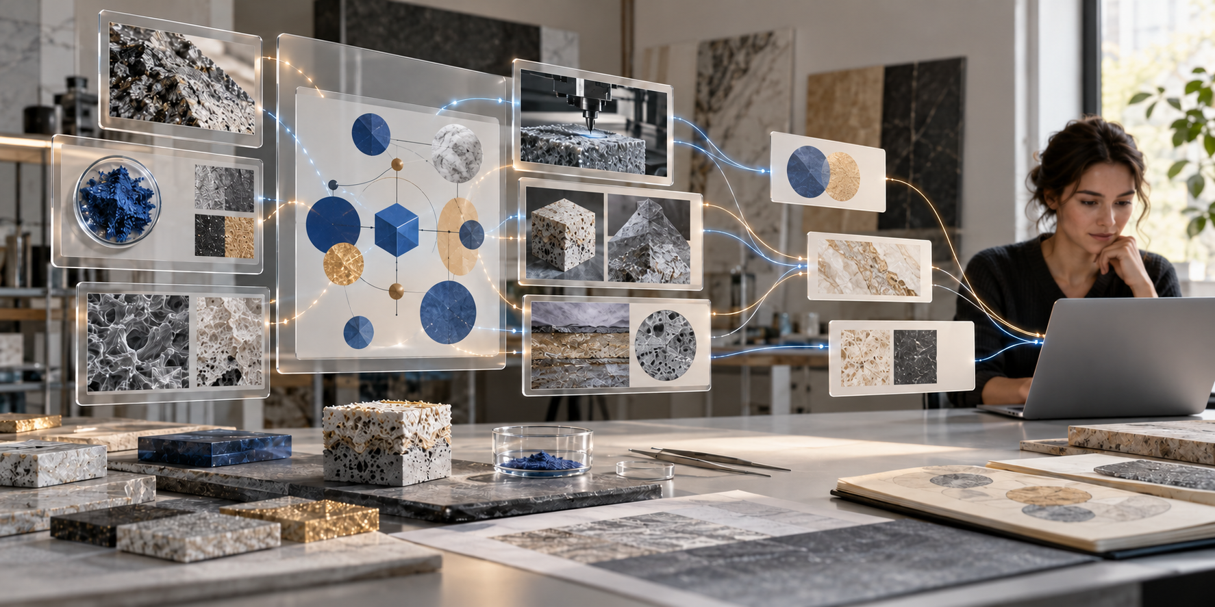 Layered research panels, a physical prototype, and inspection tools connect by glowing threads to answer surfaces and a reader.