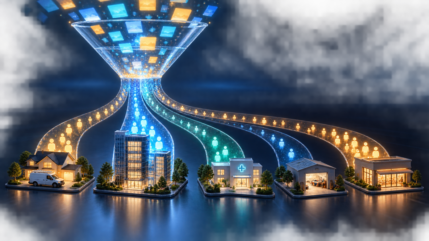 Anonymous digital ad tiles pass through a glass funnel and split into different-sized streams leading to several types of businesses.