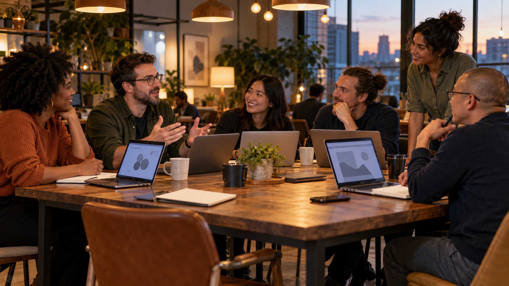 A group of professionals discusses a topic around a table at an evening community meetup.