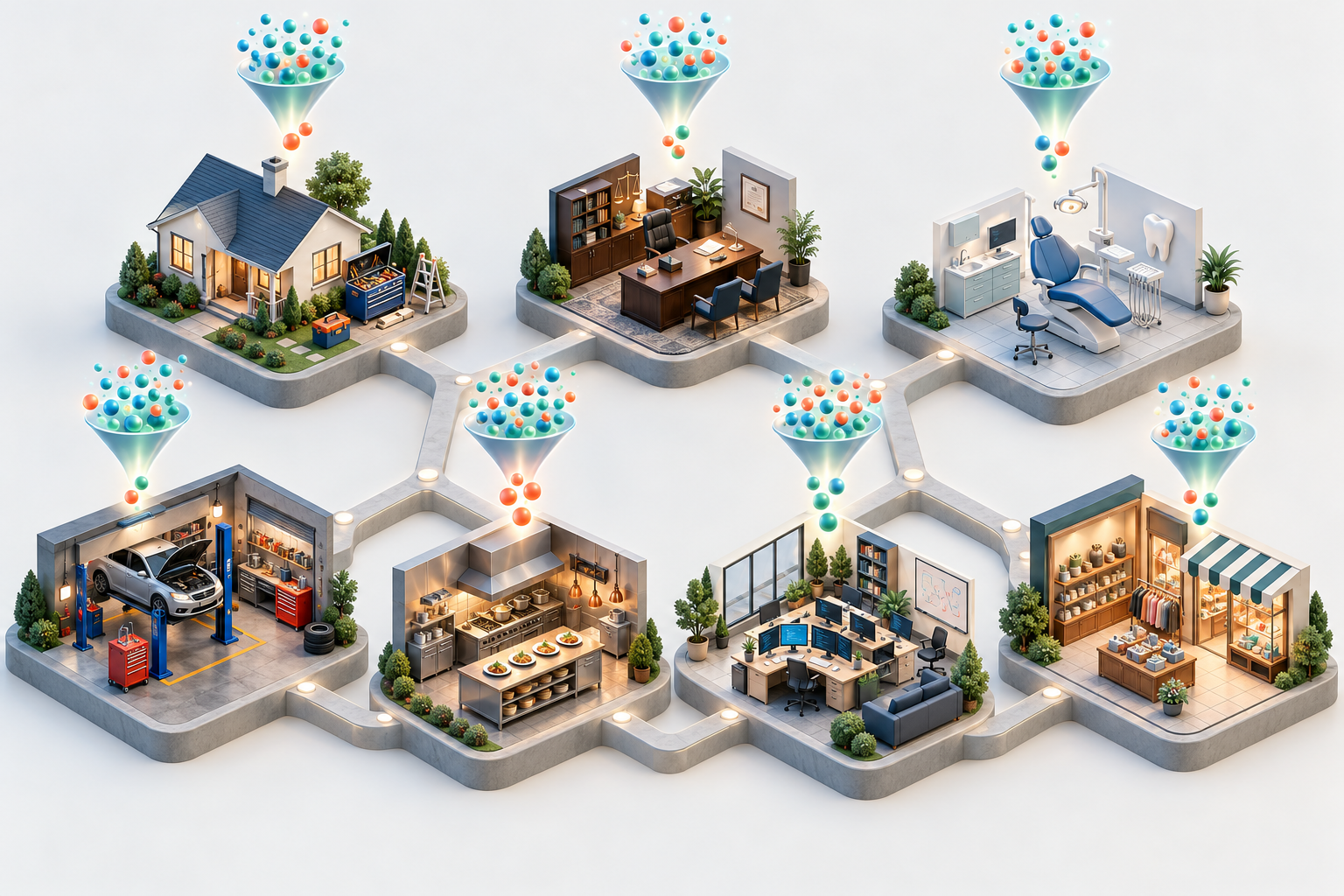 Miniature home services, office, clinic, garage, restaurant, software, and retail scenes each have an abstract conversion funnel with a different output.