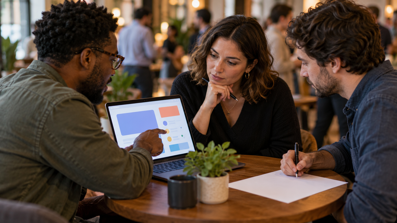 Three meetup participants examine an abstract laptop interface and compare notes at a table.