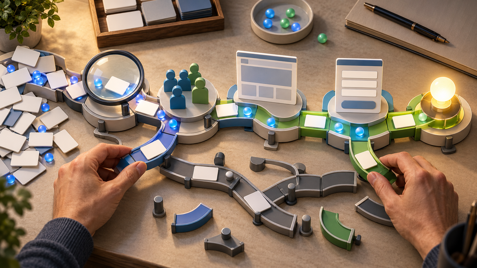 Hands adjust a modular optimization pathway containing a magnifying lens, audience figures, a blank webpage layout, a form, and a glowing completion beacon.