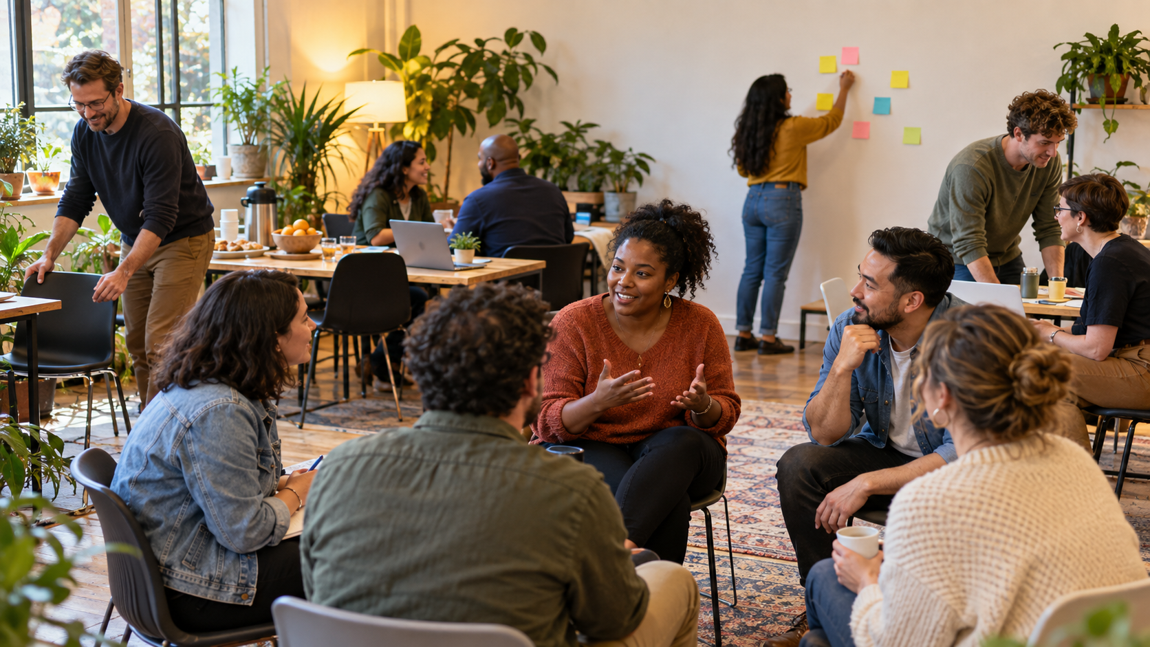 An organizer and attendees arrange chairs and gather in small discussion circles inside a community venue.