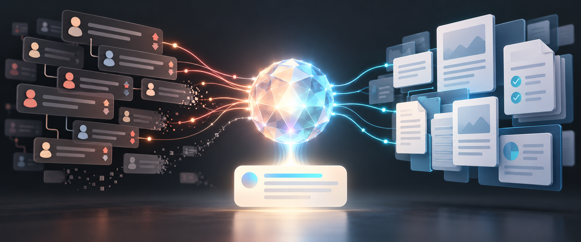 An AI assistant orb draws information from anonymous forum discussions and a structured brand knowledge page through glowing citation threads.