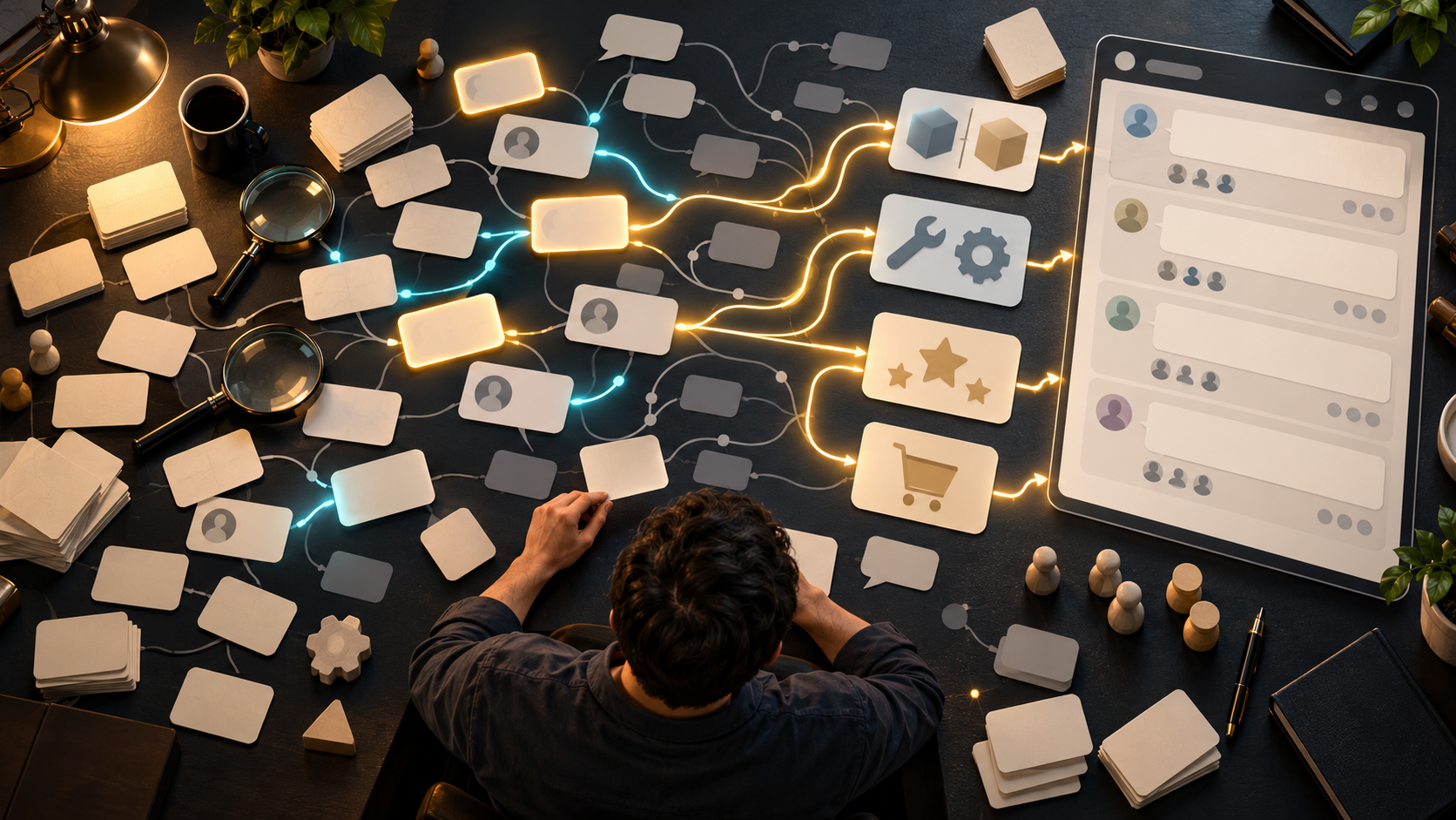 An overhead view of an analyst sorting blank question cards and tracing recurring paths toward anonymous online discussions.