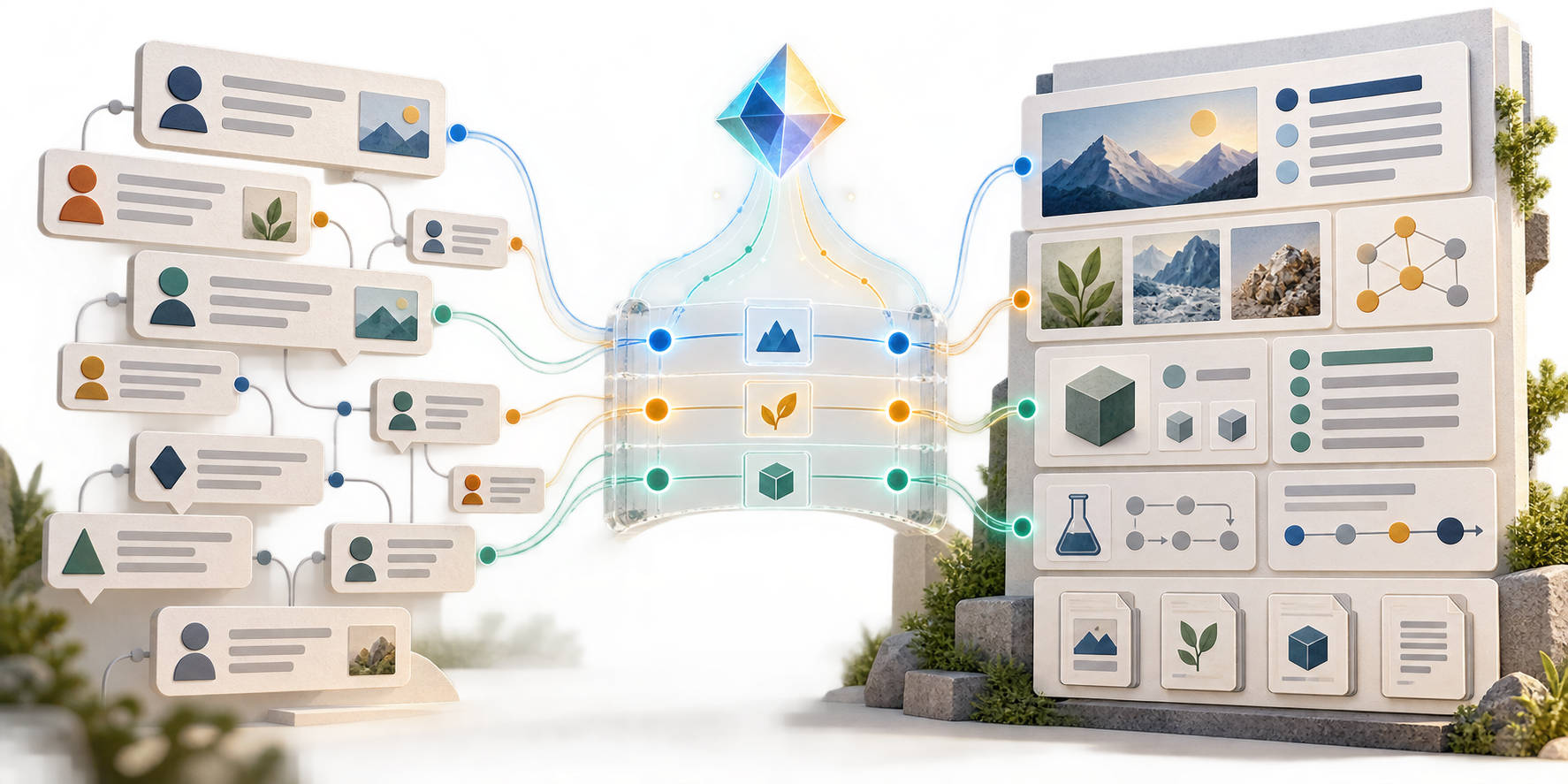 Anonymous forum cards and a structured website resource connect through verified information to a glowing AI prism.
