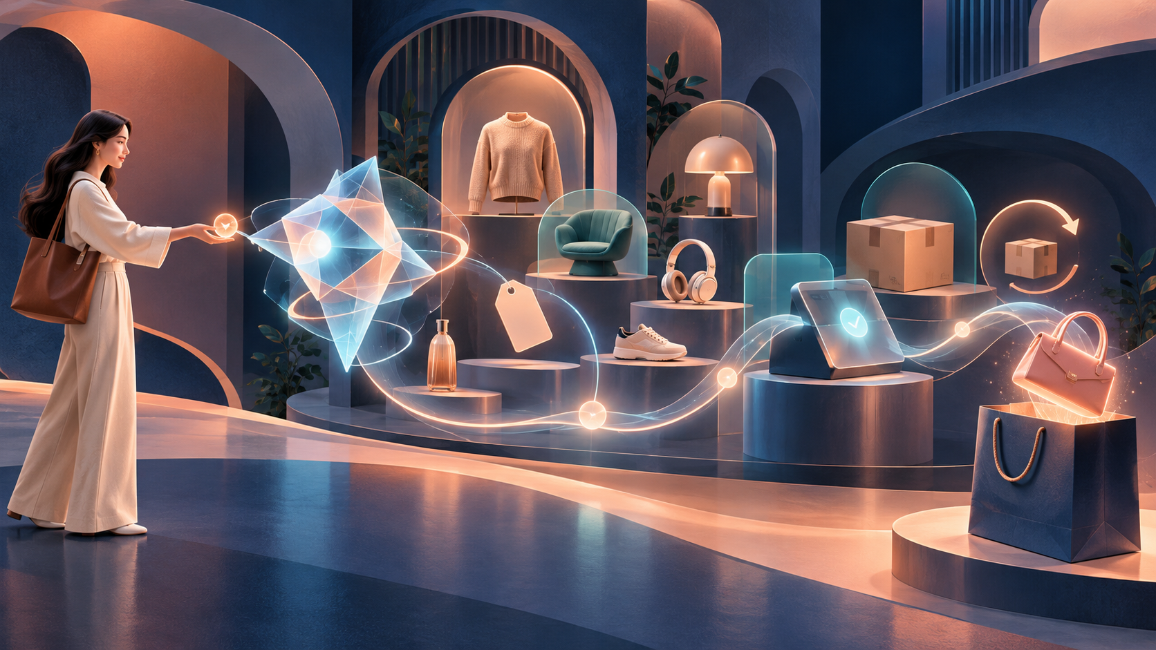 A shopper delegates a purchase to a glowing abstract AI agent that evaluates products and carries one through a digital checkout environment.