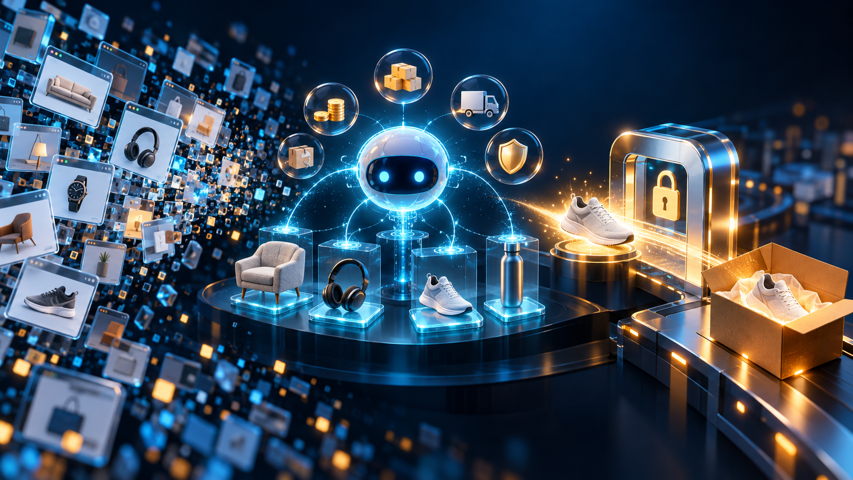 Scattered product browsing windows converge on an AI decision system that verifies one item and sends it through payment into a delivery parcel.
