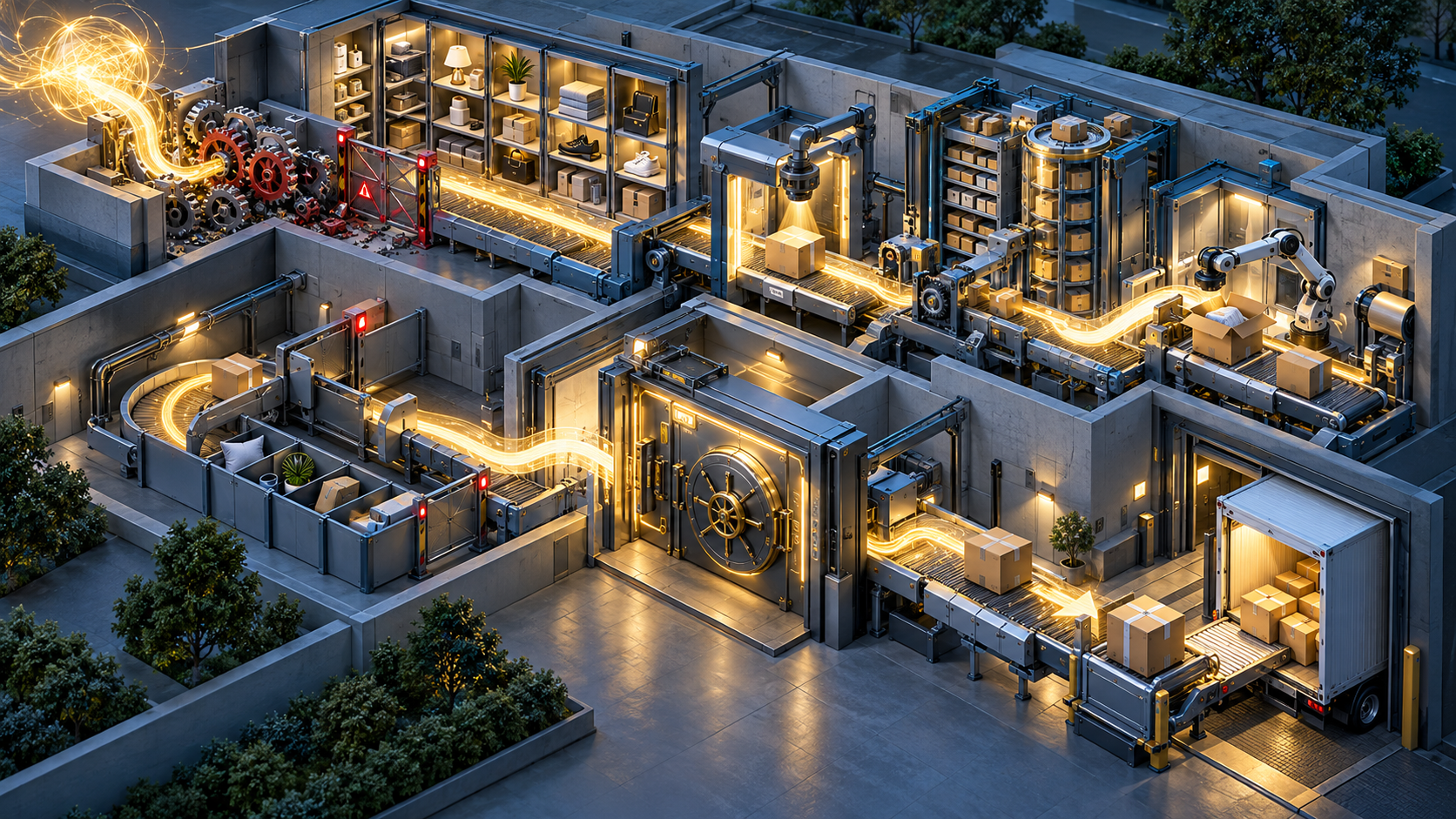 A glowing AI signal travels through a cutaway ecommerce system with catalog, inventory, policy, payment, and parcel-dispatch stages.