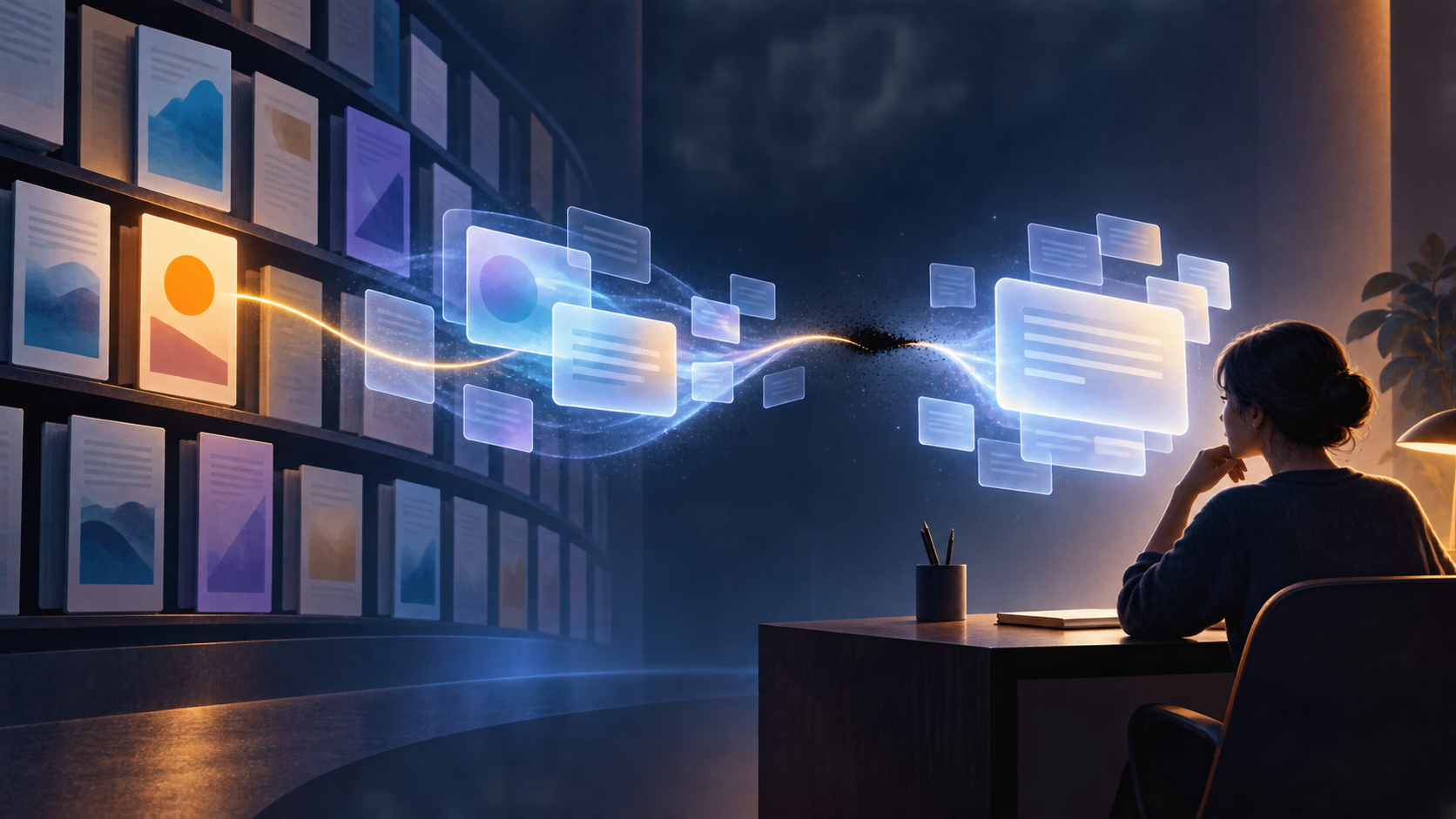 A glowing information stream connects source documents to an AI answer, but one source's identity marker fades before reaching the reader.