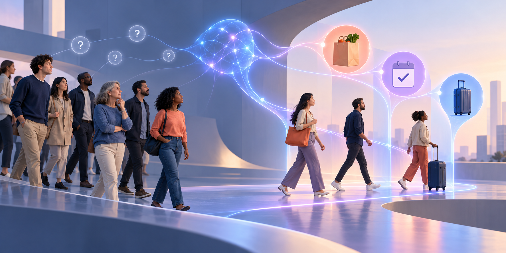 Adults follow a glowing digital pathway from an abstract AI assistant toward completed tasks represented by a shopping bag, a checked calendar tile, and a suitcase.