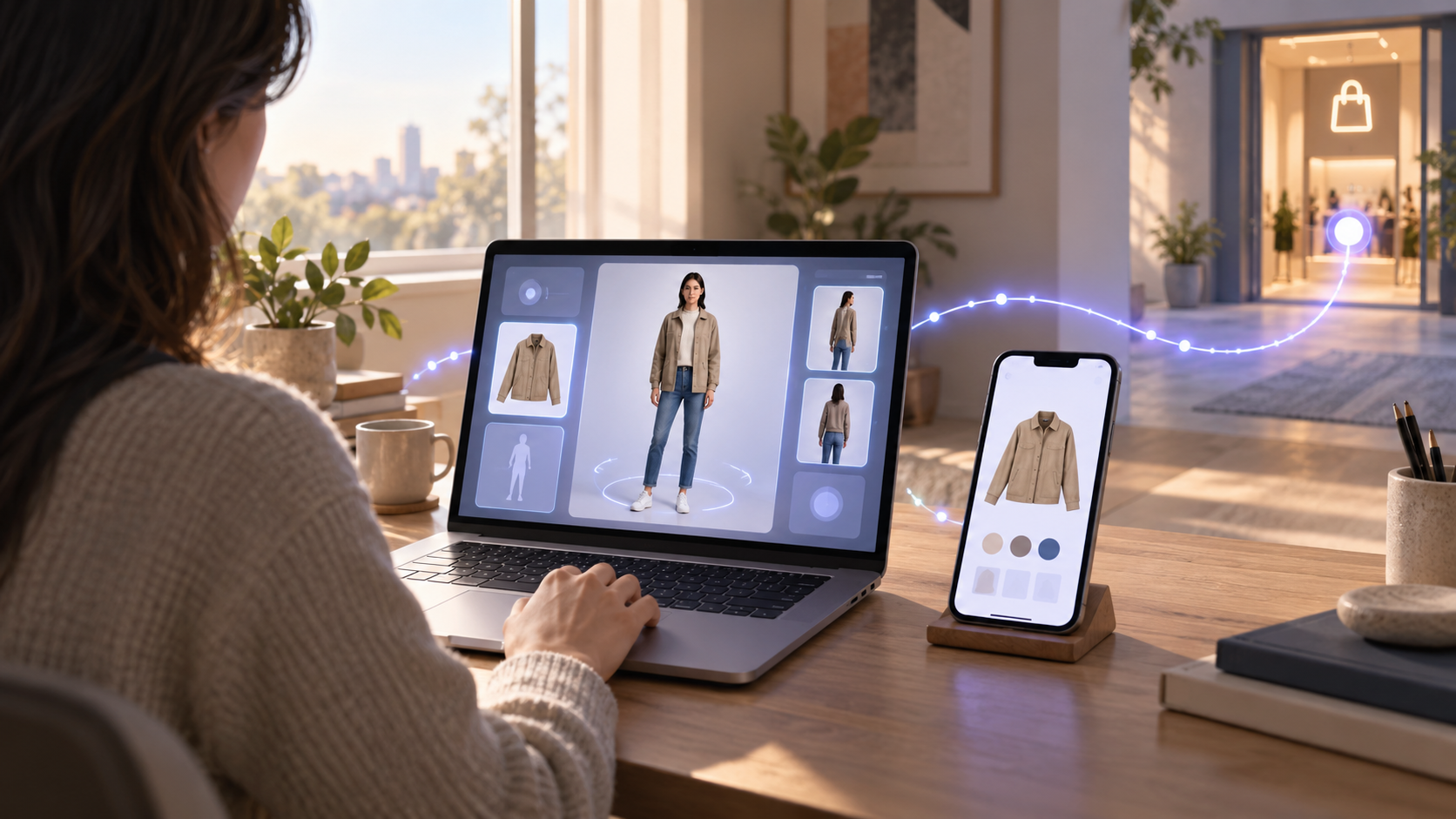 A shopper compares a jacket on a virtual avatar and in a product image before moving to an online storefront.