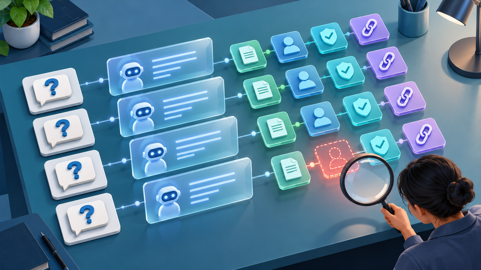 A researcher examines rows of prompt and answer tiles, finding a missing identity token in an otherwise connected evidence trail.