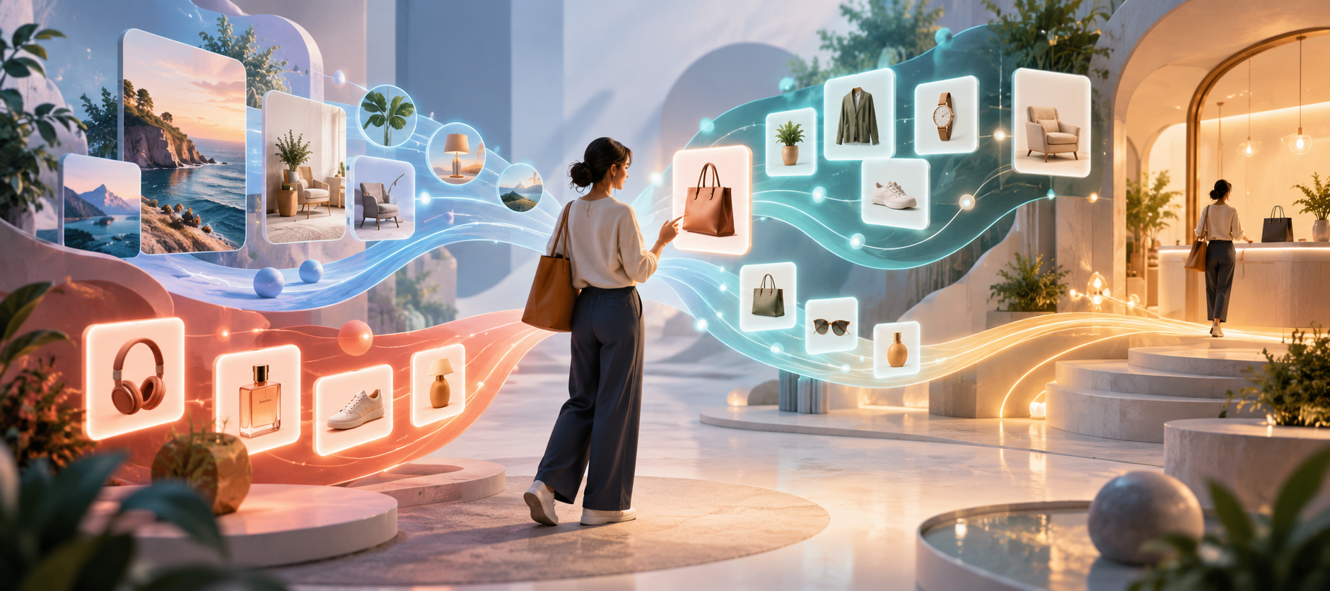 Editorial illustration of a shopper navigating connected product discovery, comparison, recommendation, advertising, and checkout stages.