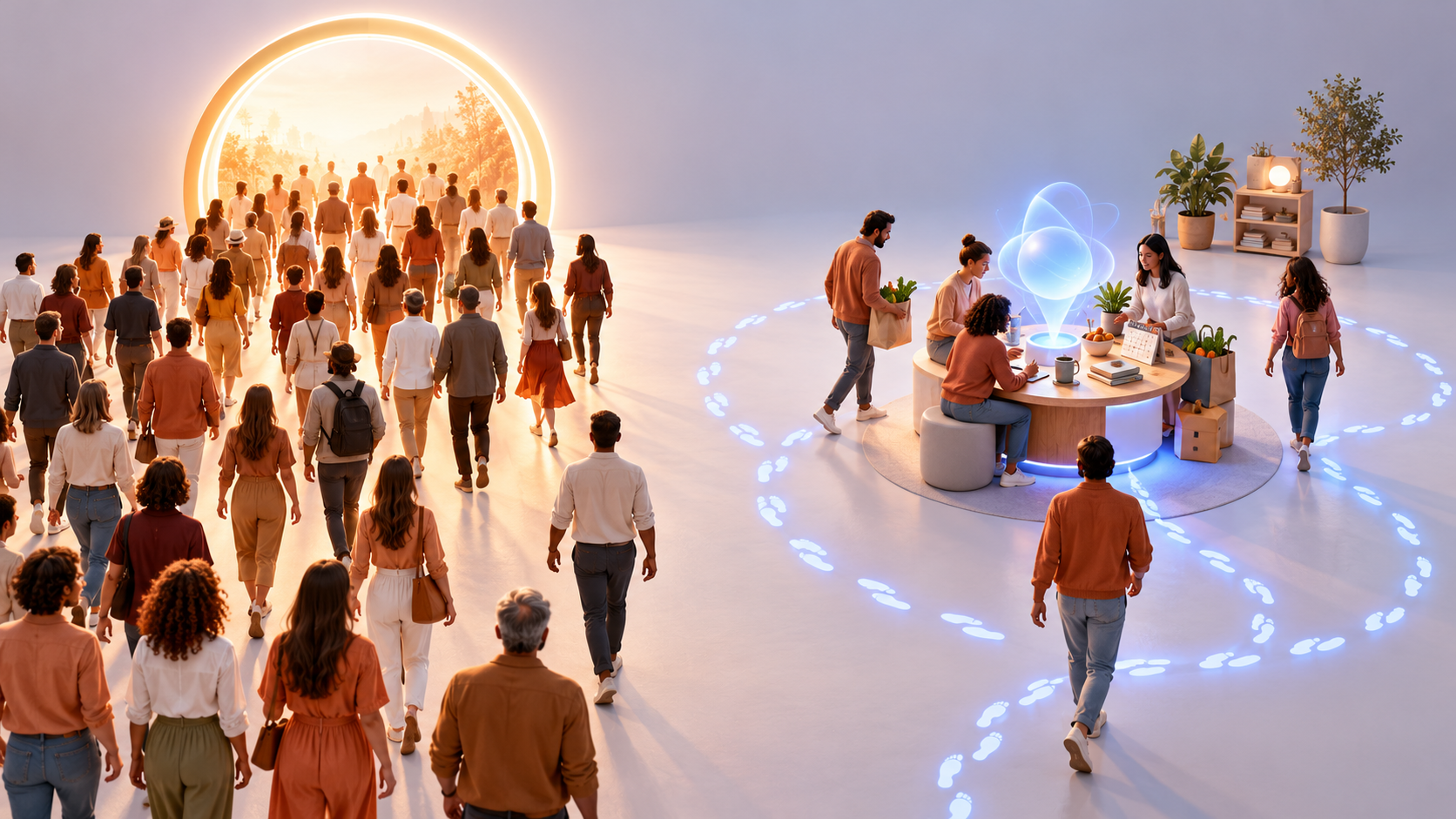 A large crowd enters a glowing gateway while a smaller group repeatedly returns to an AI-assisted workstation for everyday tasks.
