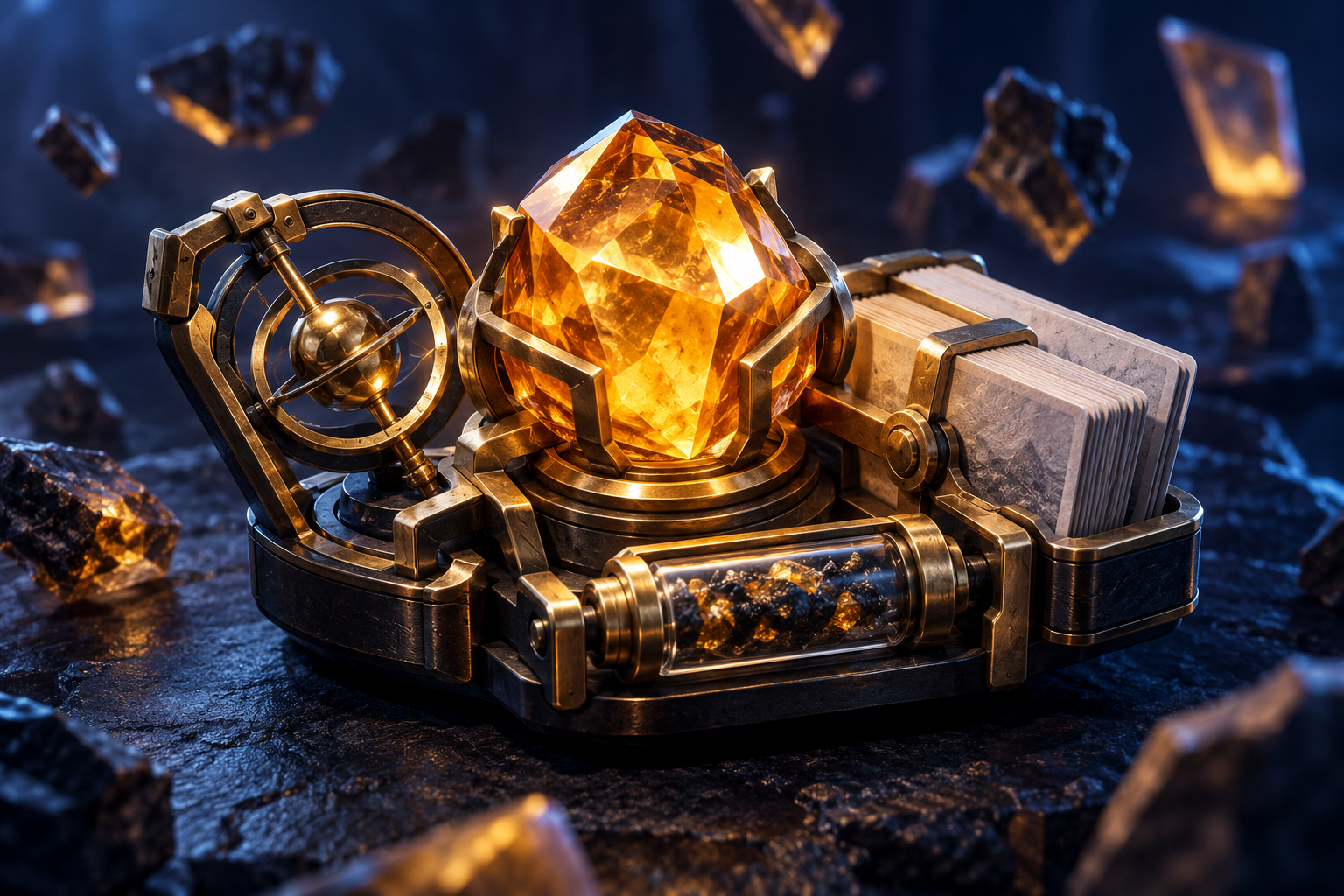 A distinctive amber emblem is interlocked with research tools and evidence cards while generic fragments drift apart in the background.