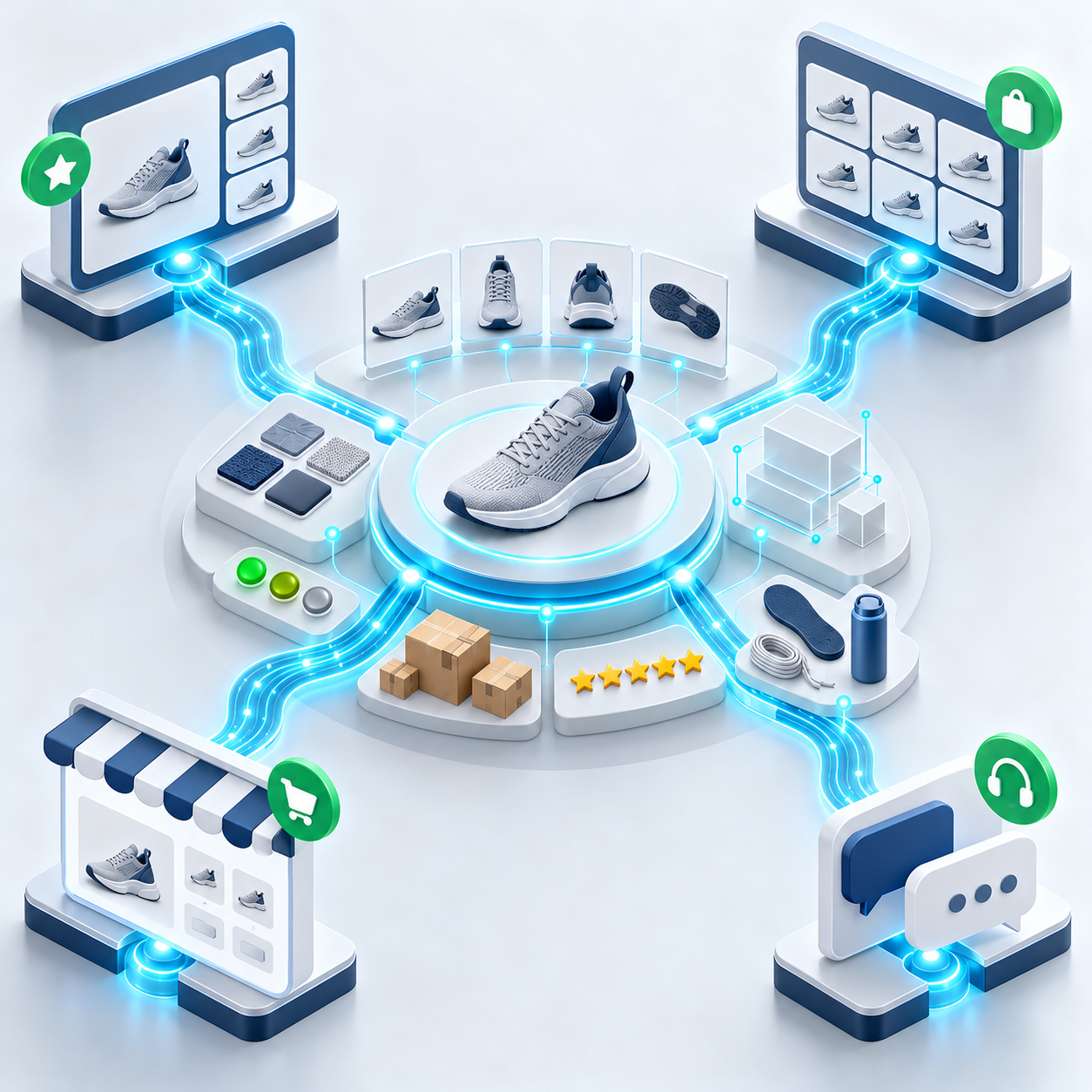 Isometric illustration of one product data hub supplying consistent information to recommendations, a catalog, a storefront, and customer support.