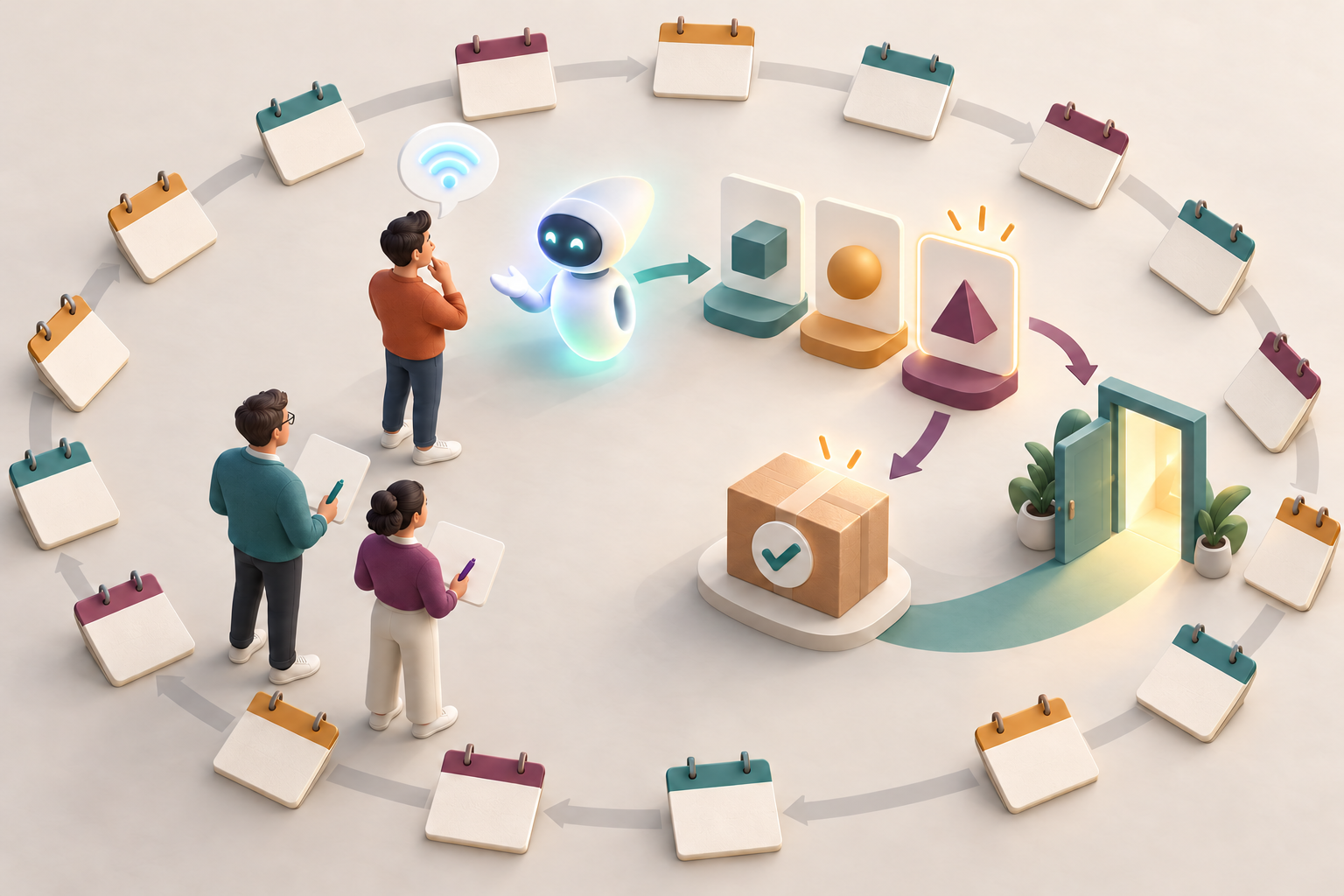 Marketers observe a customer moving from an AI-assisted question through generic options to a checked package, surrounded by blank calendar tiles.