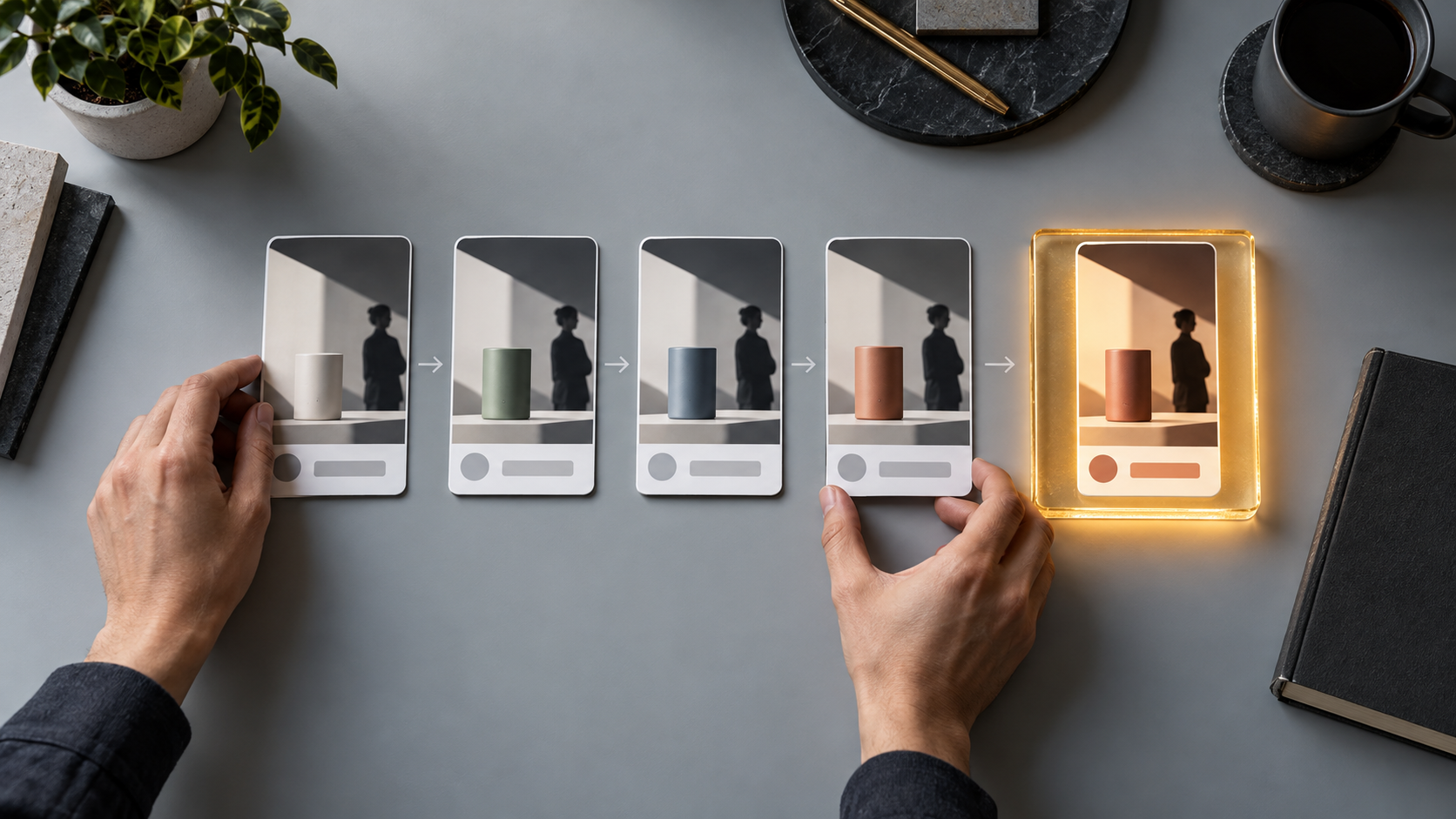 Hands arrange a controlled sequence of generic smartphone ad mockups on a studio table, ending at an illuminated glass tile.