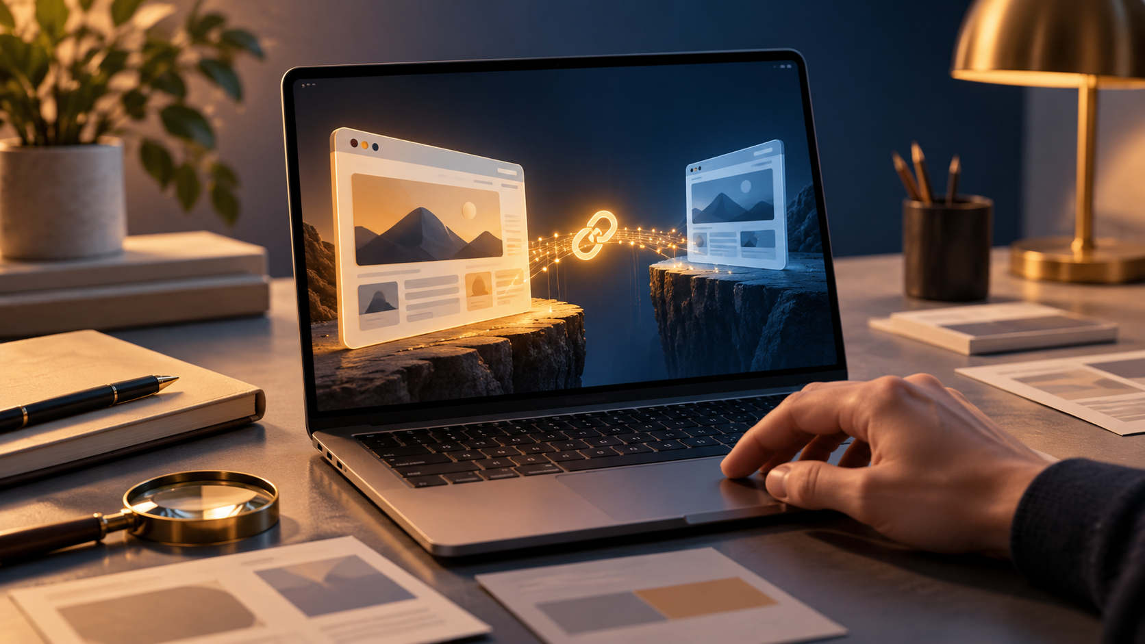 An editor's hand rests beside a laptop displaying two generic webpage panels joined by a glowing chain link.