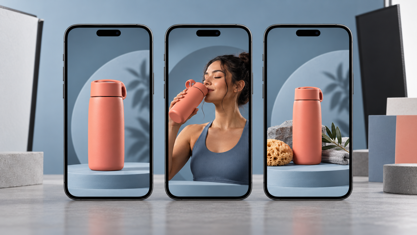 Three smartphones show otherwise matching ad concepts with only the central opening image changed on each screen.