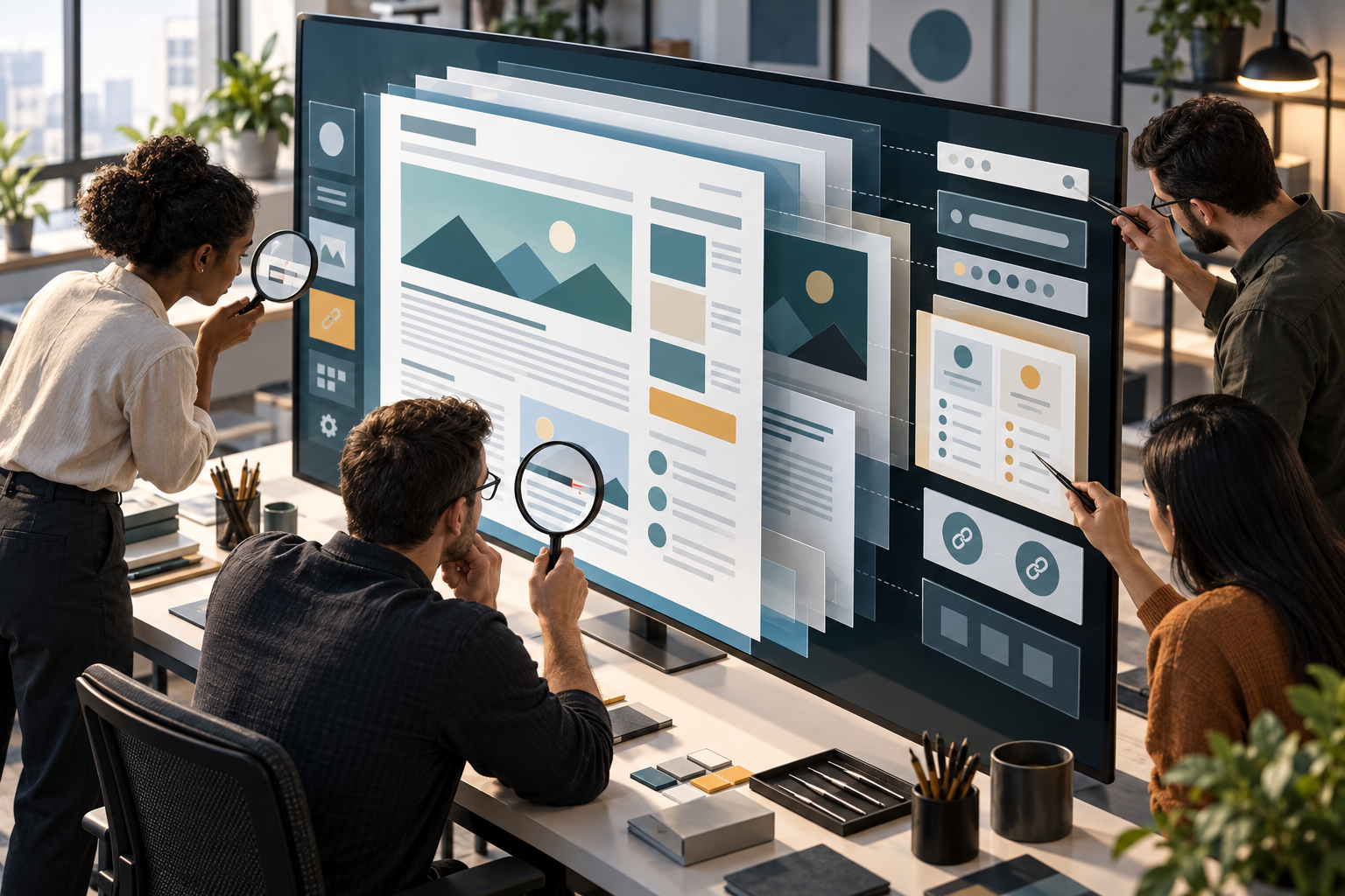 A review team examines the prose, imagery, sources, interface, and structure of a layered web page on a large display.