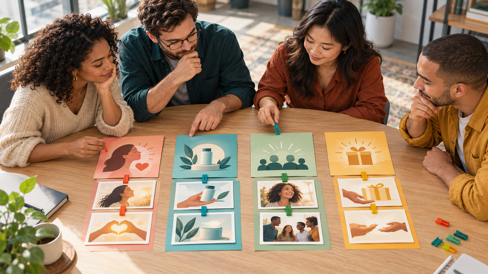 A marketing team organizes text-free creative concept cards into four distinct groups on a large workspace table.