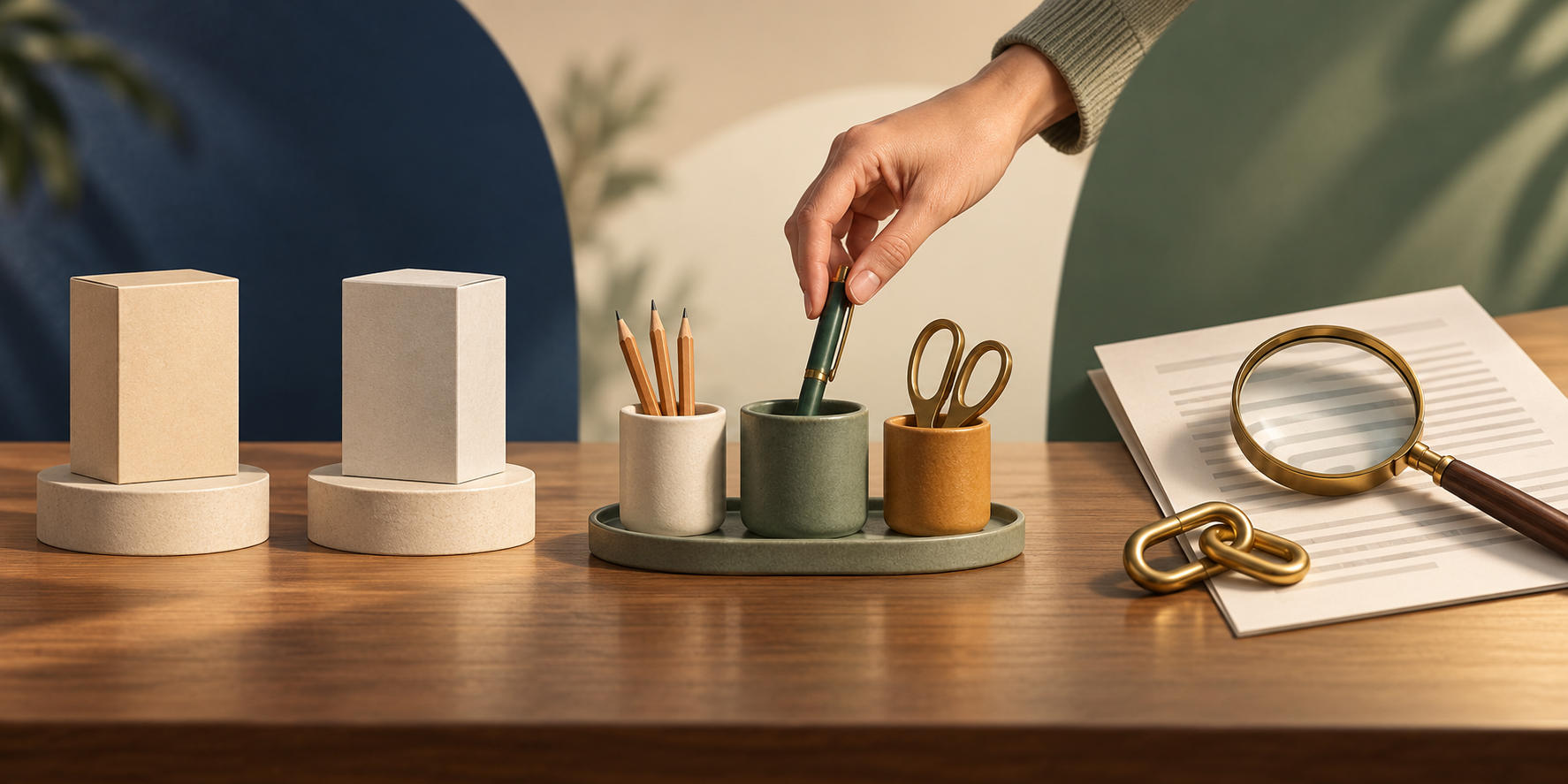 Three desk scenes show unbranded items being compared, one item being selected, and a source document being examined.