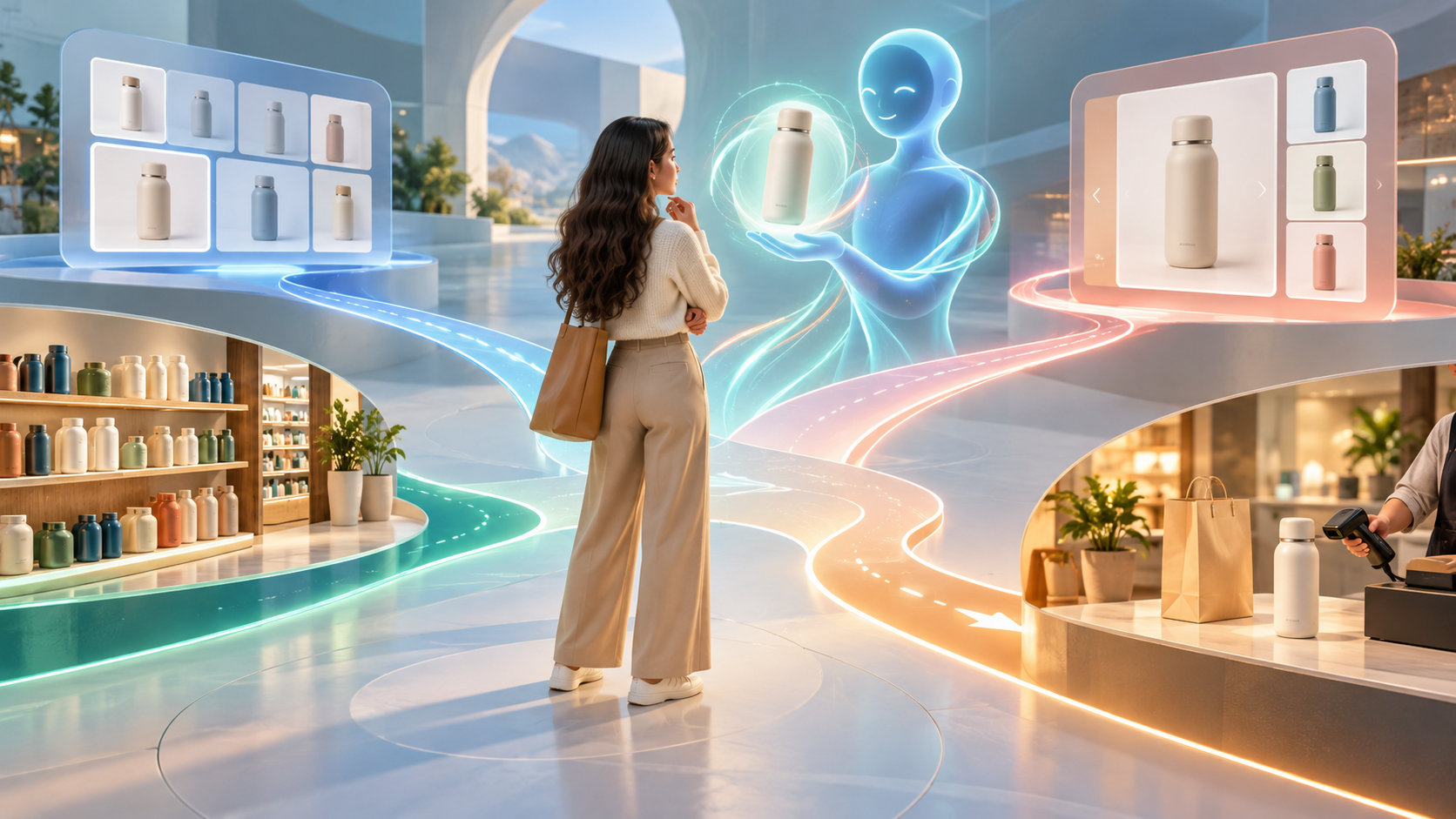 A shopper follows branching paths from an AI product recommendation to shopping results, a retailer shelf, a product page, and a purchase counter.