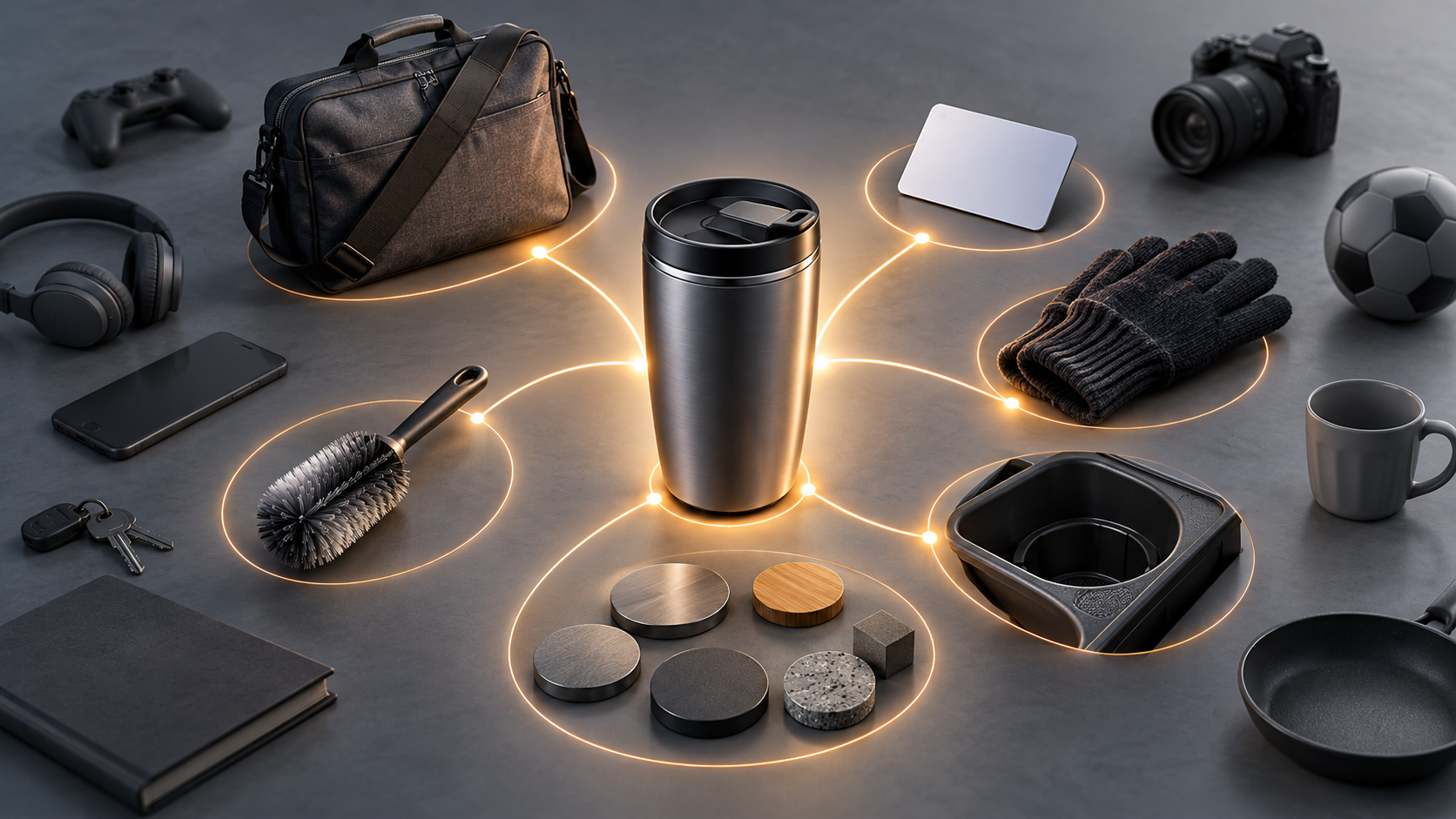 An unbranded travel mug is connected to visual clues for commuting, cold weather, cup-holder fit, cleaning, material, and size.