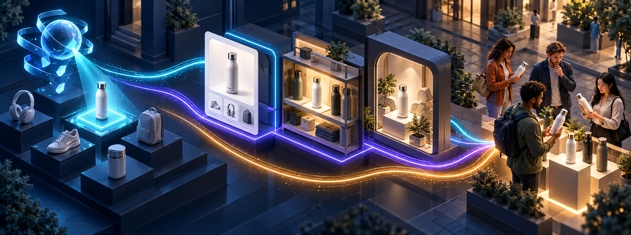 Three colored pathways show an AI recommendation, activity across shopping destinations, and shoppers comparing and choosing a product.