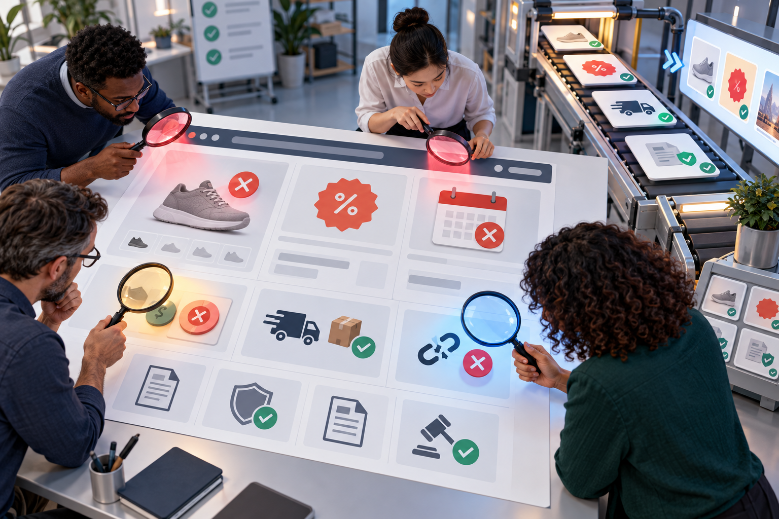 A review team inspects a website page for expired dates, mismatched prices, unavailable products, and broken links before automation.