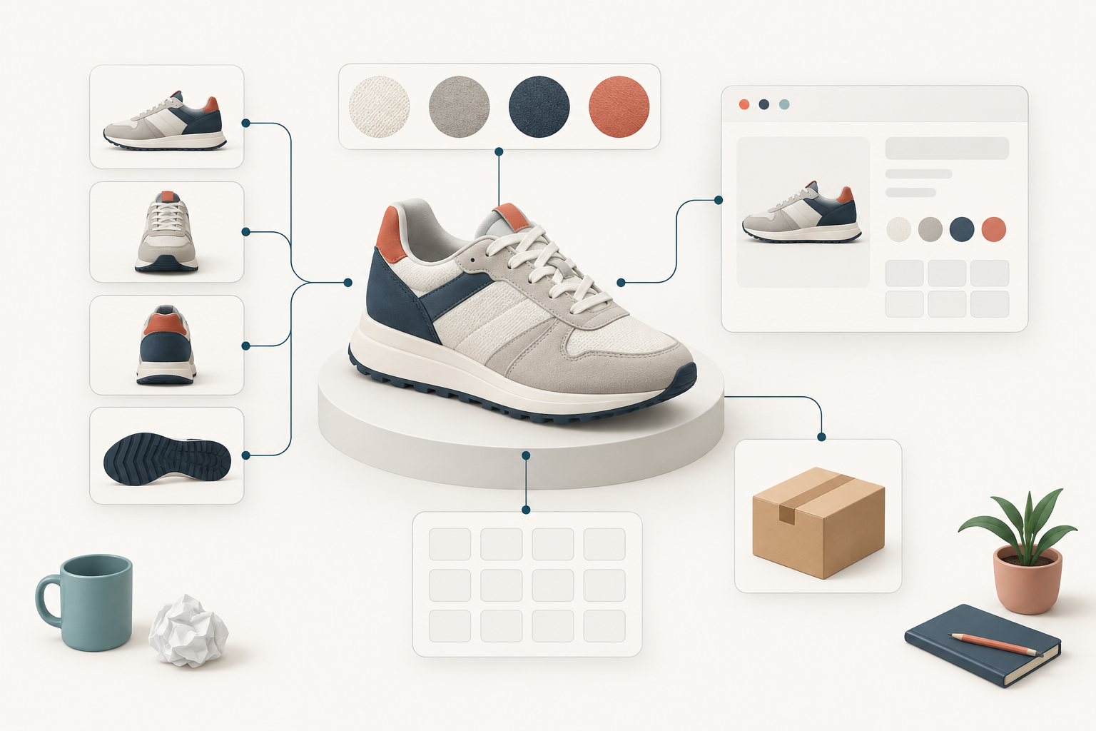 An unbranded sneaker is surrounded by connected product images, color swatches, size cells, packaging, and a product card.