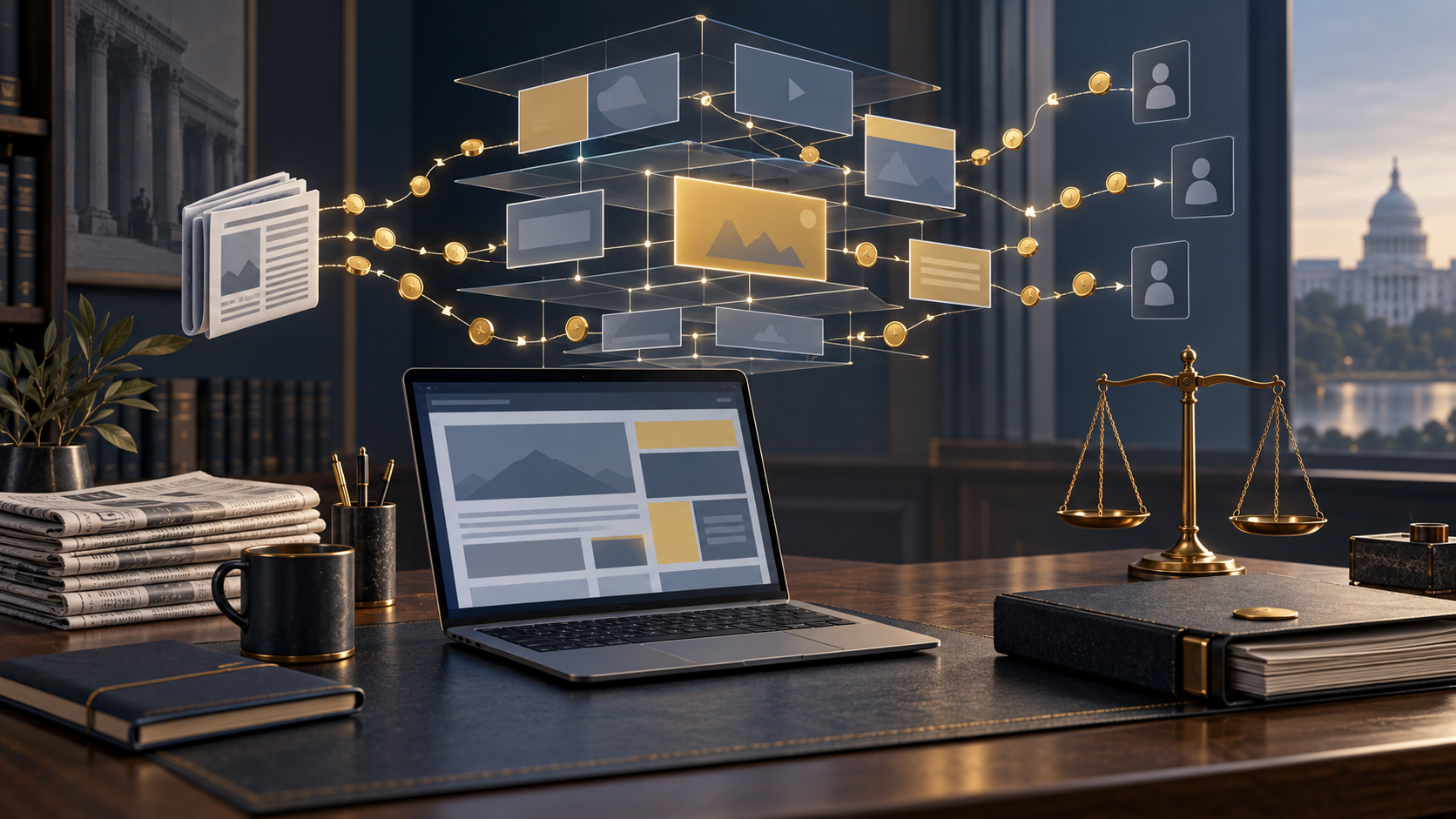A publisher's desk with a laptop, abstract ad-auction pathways, gold tokens, a balance scale, and an evidence folder.