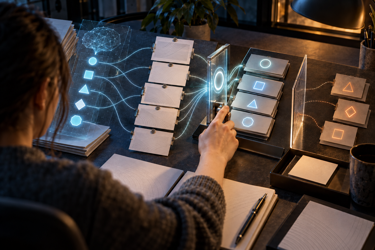 A fact-checker connects individual glowing claim tiles from an AI draft to supporting source cards before an approval barrier.