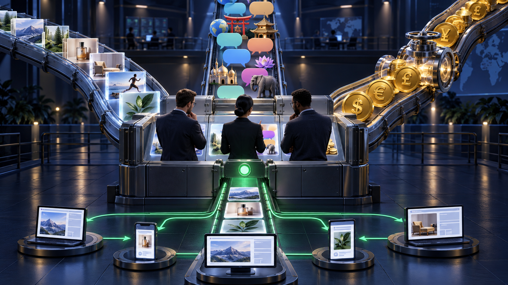 Three reviewers check advertising assets, localized language elements, and budget tokens at a single campaign release gate.