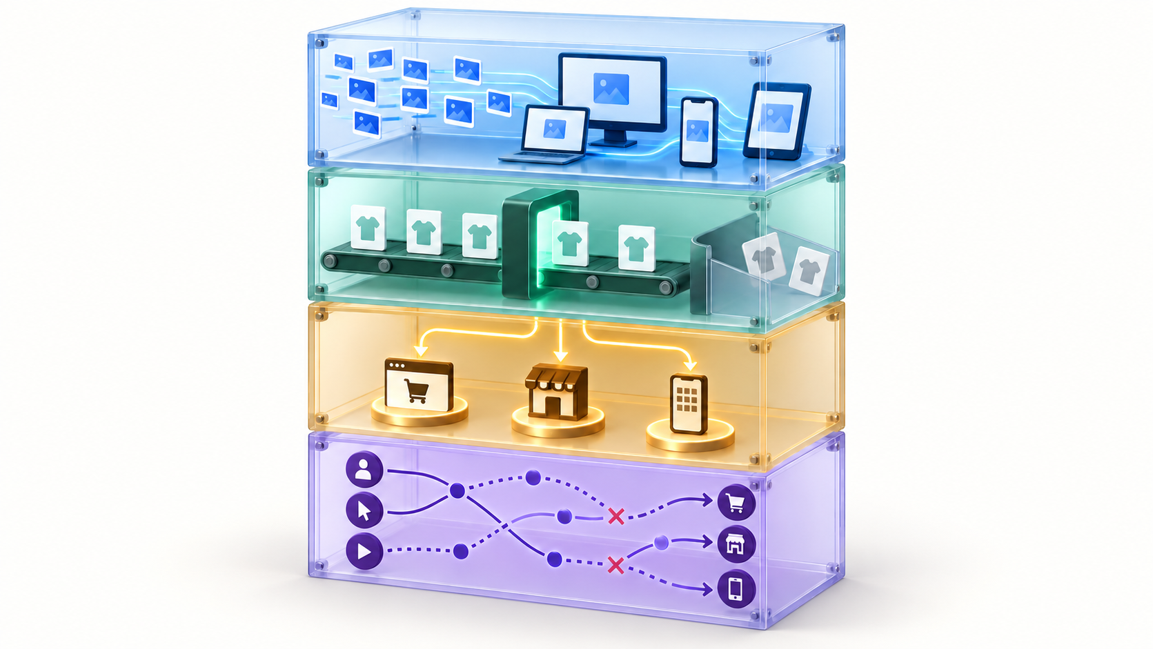 Four transparent stacked chambers separately depict ad delivery, product eligibility, customer outcomes, and attribution paths.