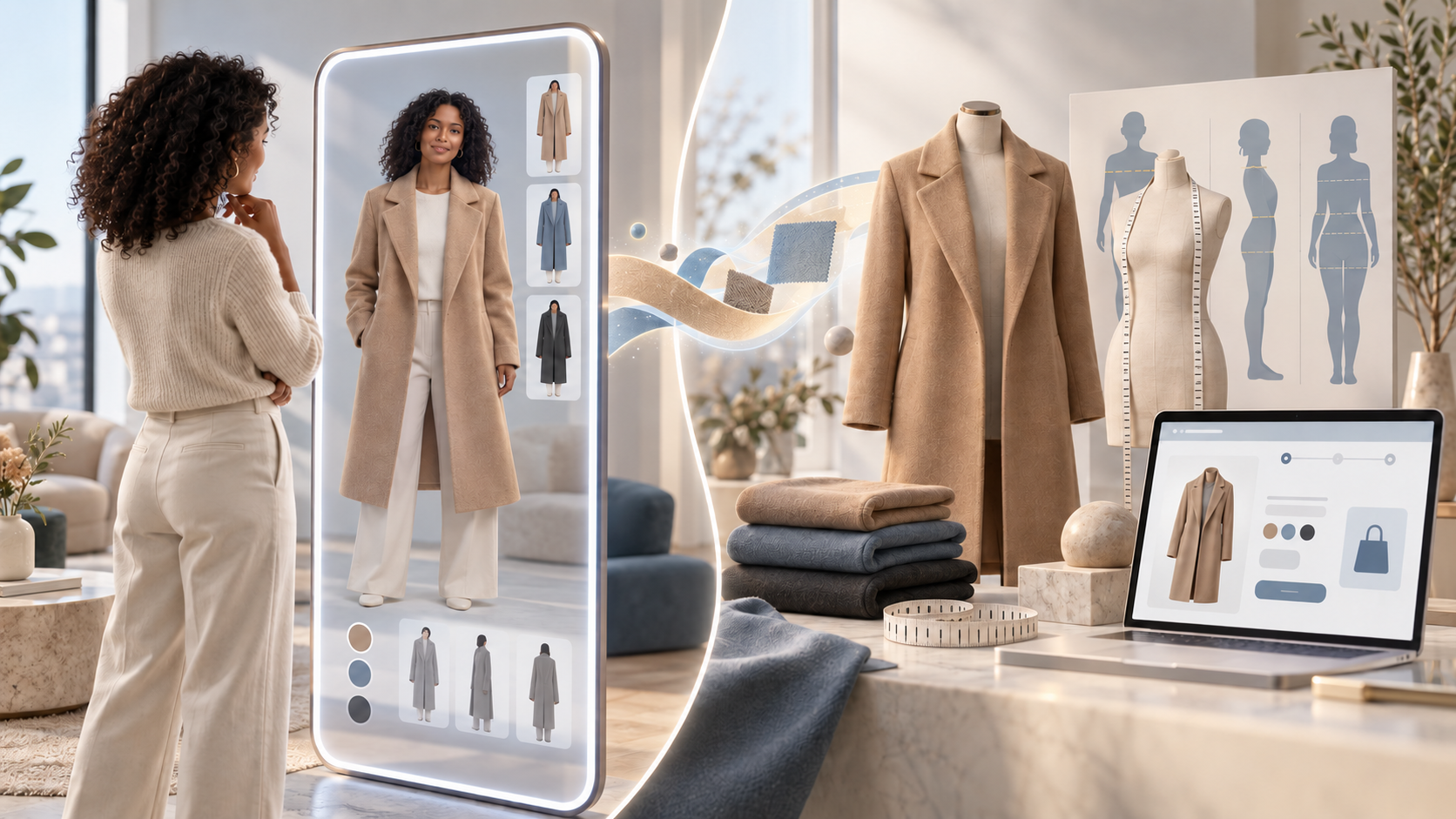 A shopper previews a coat on a virtual avatar beside fit tools, size samples, and an abstract checkout screen.