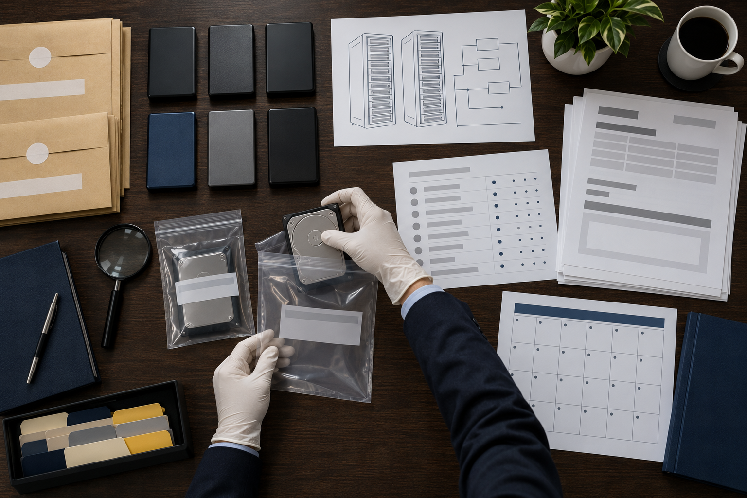 An overhead view of storage drives, blank records, archive envelopes, and a magnifying glass arranged as an evidence pack.